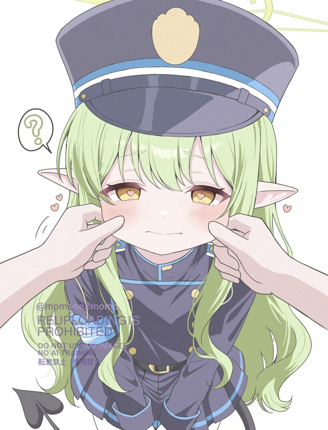 momonexmomo, hikari (blue archive), blue archive, commentary, highres, 1girl, 1other, ?, armband, belt, black belt, black hat, black jacket, black skirt, blue armband, blush, buttons, cheek pinching, closed mouth, cowboy shot, demon girl, demon tail, double-breasted, foreshortening, green hair, green halo, hair between eyes, halo, hat, heart, heart-shaped pupils, jacket, long hair, long sleeves, looking at viewer, lovestruck, miniskirt, motion lines, peaked cap, pinching, pleated skirt, pointy ears, pov, pov hands, sidelocks, simple background, skirt, solo focus, speech bubble, split mouth, spoken question mark, straight-on, symbol-shaped pupils, tail, tsurime, twitter username, v arms, very long hair, watermark, wavy hair, wavy mouth, white background, yellow eyes