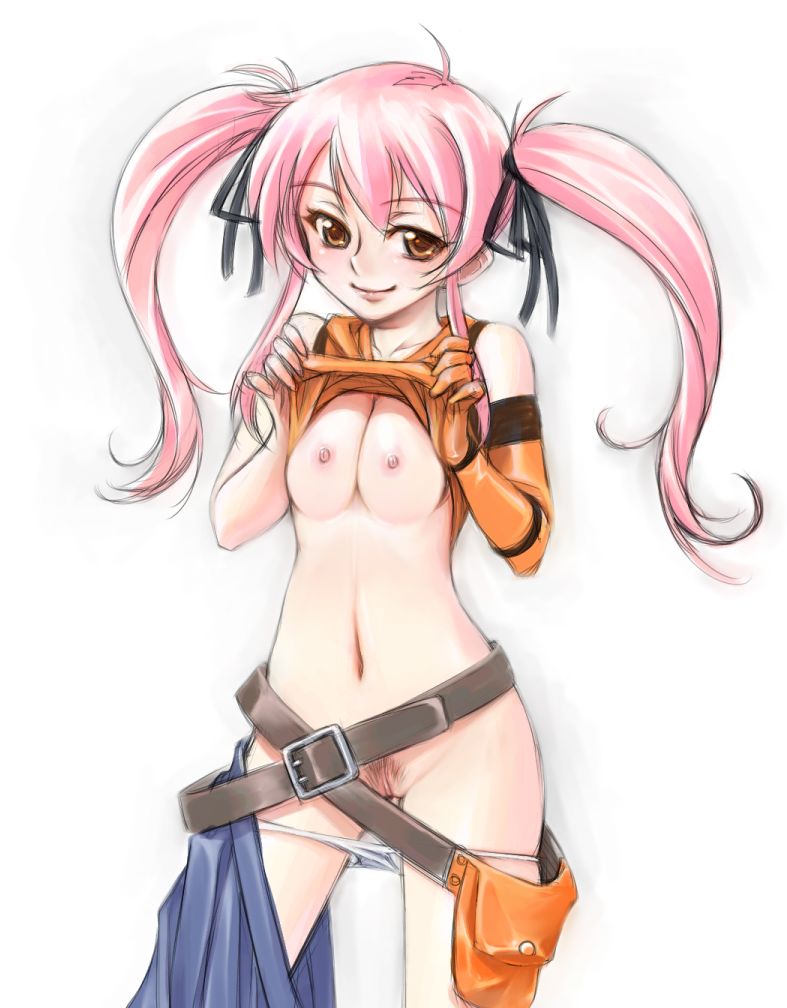 lemon (artist), tomomimi shimon, 1girl, belt, belt skirt, breasts, breasts squeezed together, clothes lift, detached sleeves, female focus, female pubic hair, gloves, medium breasts, navel, nipples, orange eyes, panties, panty pull, pink hair, pubic hair, pussy, shirt lift, skirt, solo, twintails, uncensored, underwear