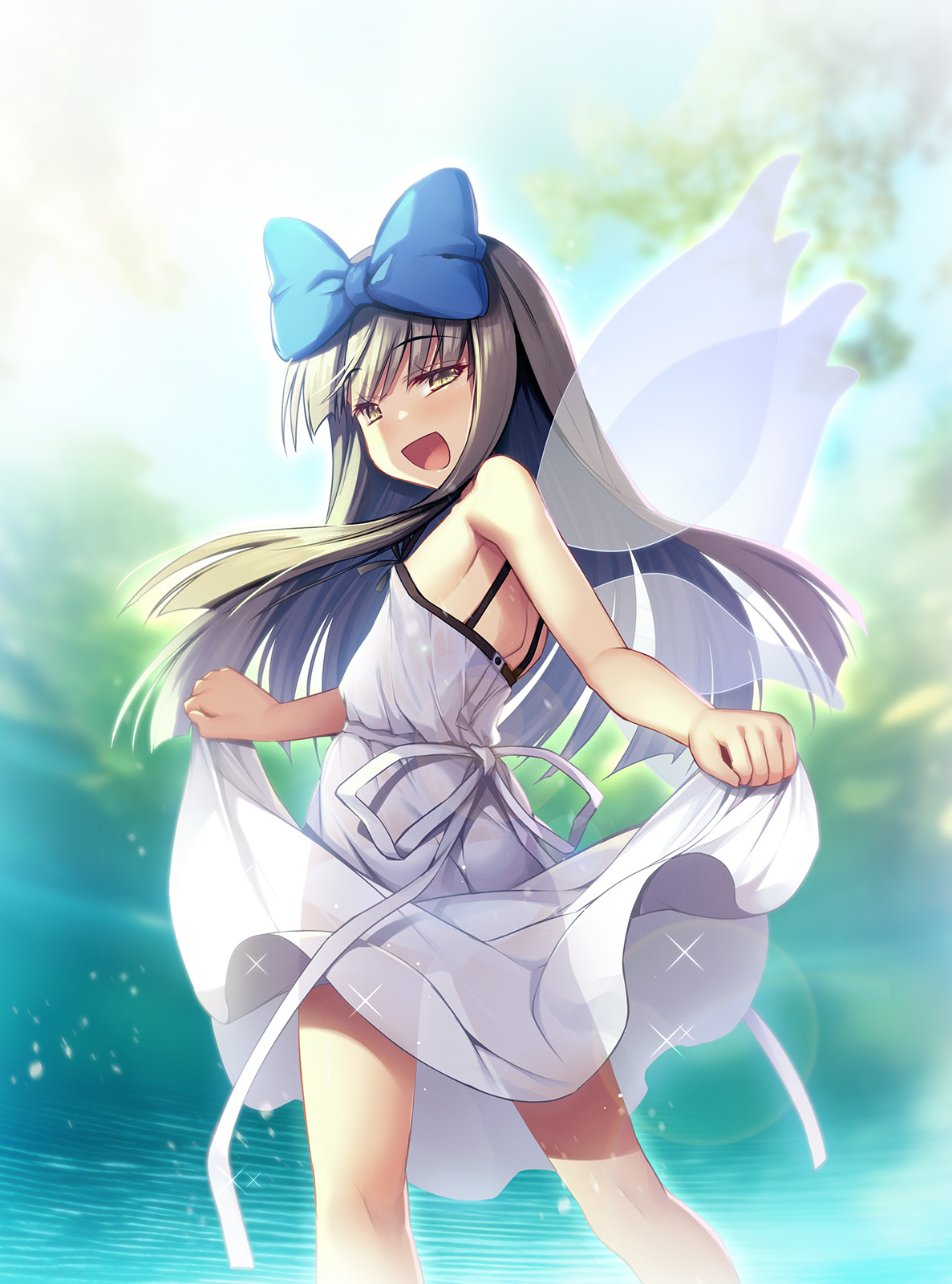 chima q, star sapphire, touhou, commentary request, highres, 1girl, :d, ass, back ribbon, bare shoulders, black hair, blue bow, blurry, blurry background, blush, bow, dress, fairy, fairy wings, foliage, from behind, hair bow, long hair, looking at viewer, looking back, no bra, open mouth, panties, ribbon, see-through clothes, see-through dress, skirt hold, smile, solo, sparkle, sundress, underwear, wading, wet, wet clothes, white dress, white panties, white ribbon, wings, yellow eyes
