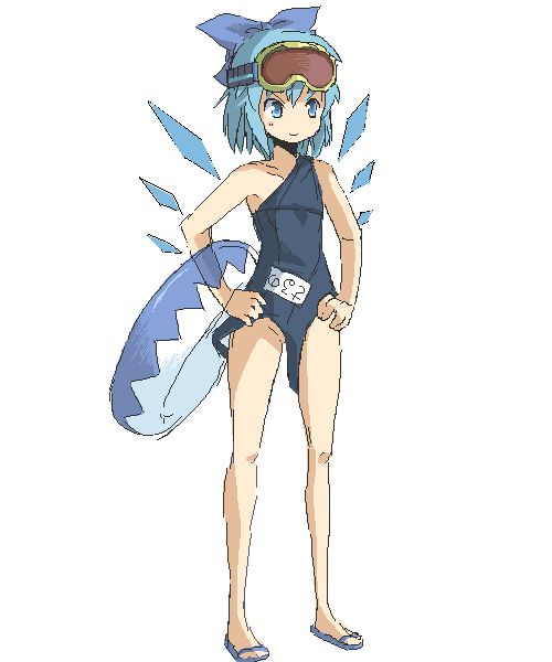 cirno, touhou, 1girl, blue eyes, blue hair, bow, female focus, goggles, innertube, matching hair/eyes, name tag, oekaki, one-piece swimsuit, school swimsuit, solo, swim ring, swimsuit, upside-down, wardrobe error, wardrobe malfunction, wings