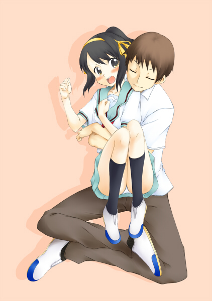 hamao, kyon, suzumiya haruhi, suzumiya haruhi no yuuutsu, 00s, black hair, blush, brown hair, closed eyes, hairband, hug, hug from behind, panties, school uniform, serafuku, short hair, underwear