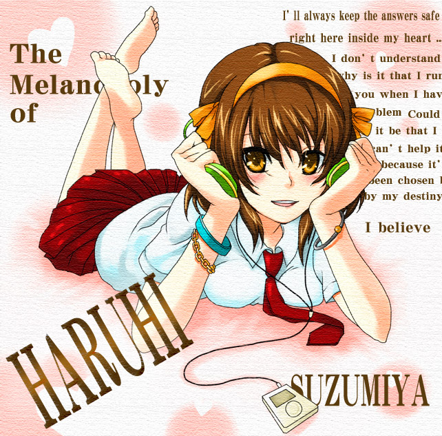 mitsuki meia, suzumiya haruhi, suzumiya haruhi no yuuutsu, 00s, 1girl, barefoot, blush, bracelet, breasts, brown eyes, brown hair, digital media player, feet, female focus, hairband, headphones, ipod, jewelry, large breasts, necktie, solo