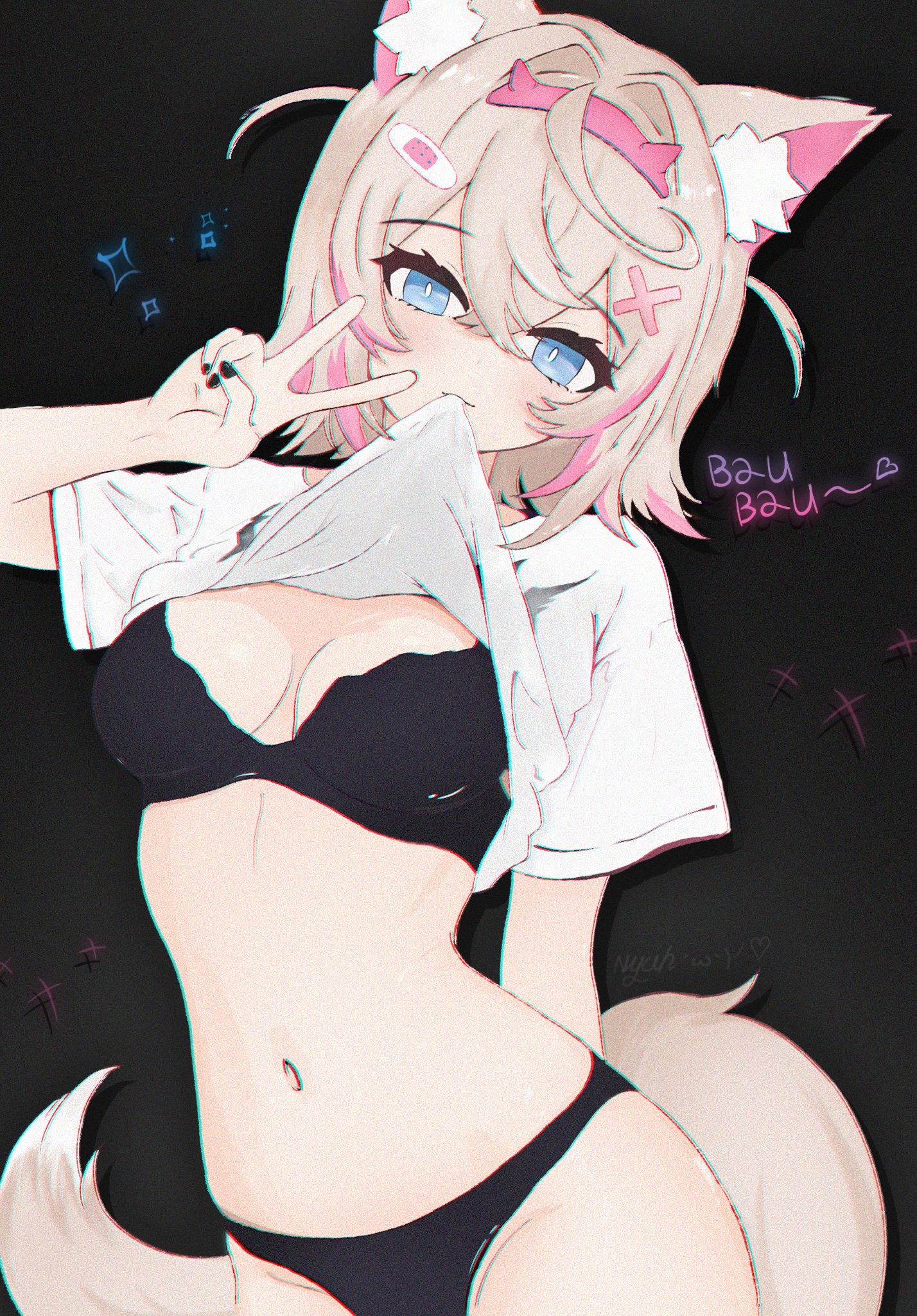 nyuh, mococo abyssgard, hololive, hololive english, highres, 1girl, animal ears, black background, black bra, black panties, blonde hair, blue eyes, bra, breasts, clothes lift, dog ears, dog girl, dog tail, hairband, horn hairband, lifting own clothes, medium breasts, mouth hold, multicolored hair, navel, no pants, panties, pink hair, pink hairband, shirt, shirt lift, short hair, short sleeves, stomach, streaked hair, tail, underwear, v, virtual youtuber, white shirt