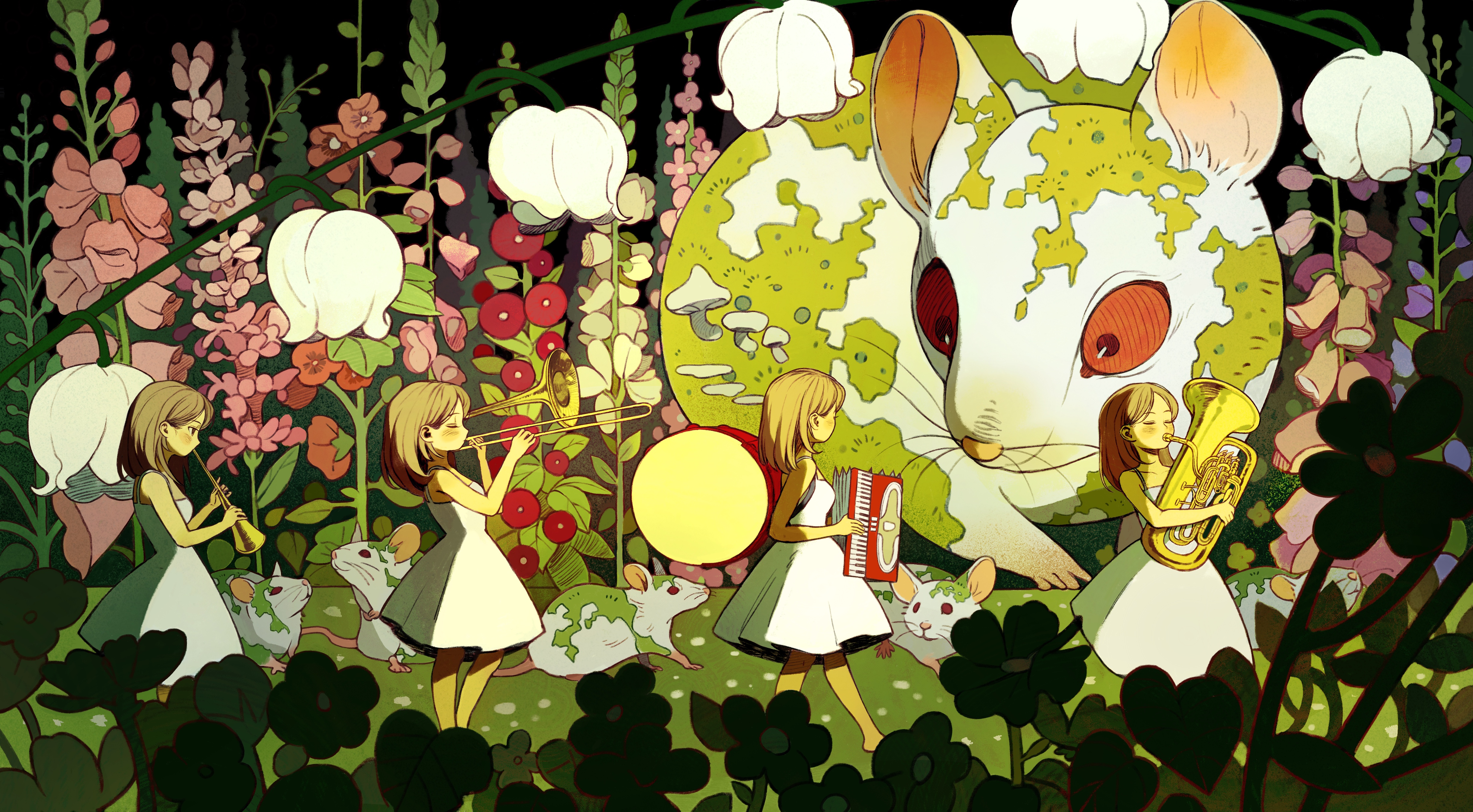 chaojufei, original, absurdres, commentary, highres, 4girls, accordion, brown hair, dress, flower, holding, holding instrument, holding trombone, holding trumpet, instrument, moss, multiple girls, mushroom, music, pink flower, playing instrument, trombone, trumpet, tuba, white dress, white flower