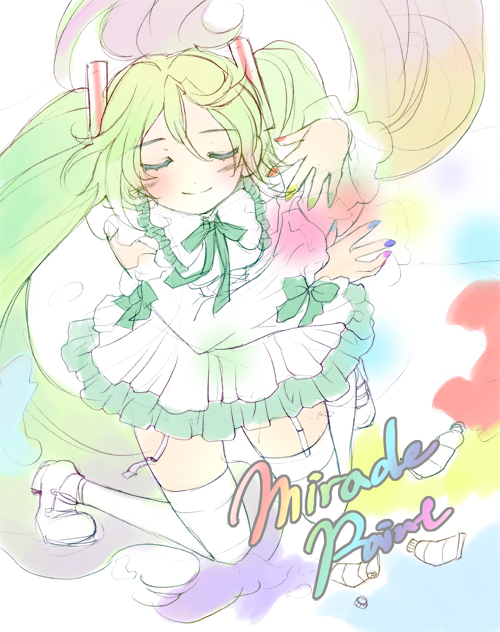 cuteg, hatsune miku, vocaloid, bad id, bad pixiv id, alternate costume, blush, closed eyes, enmaided, long hair, maid, solo, thighhighs, very long hair