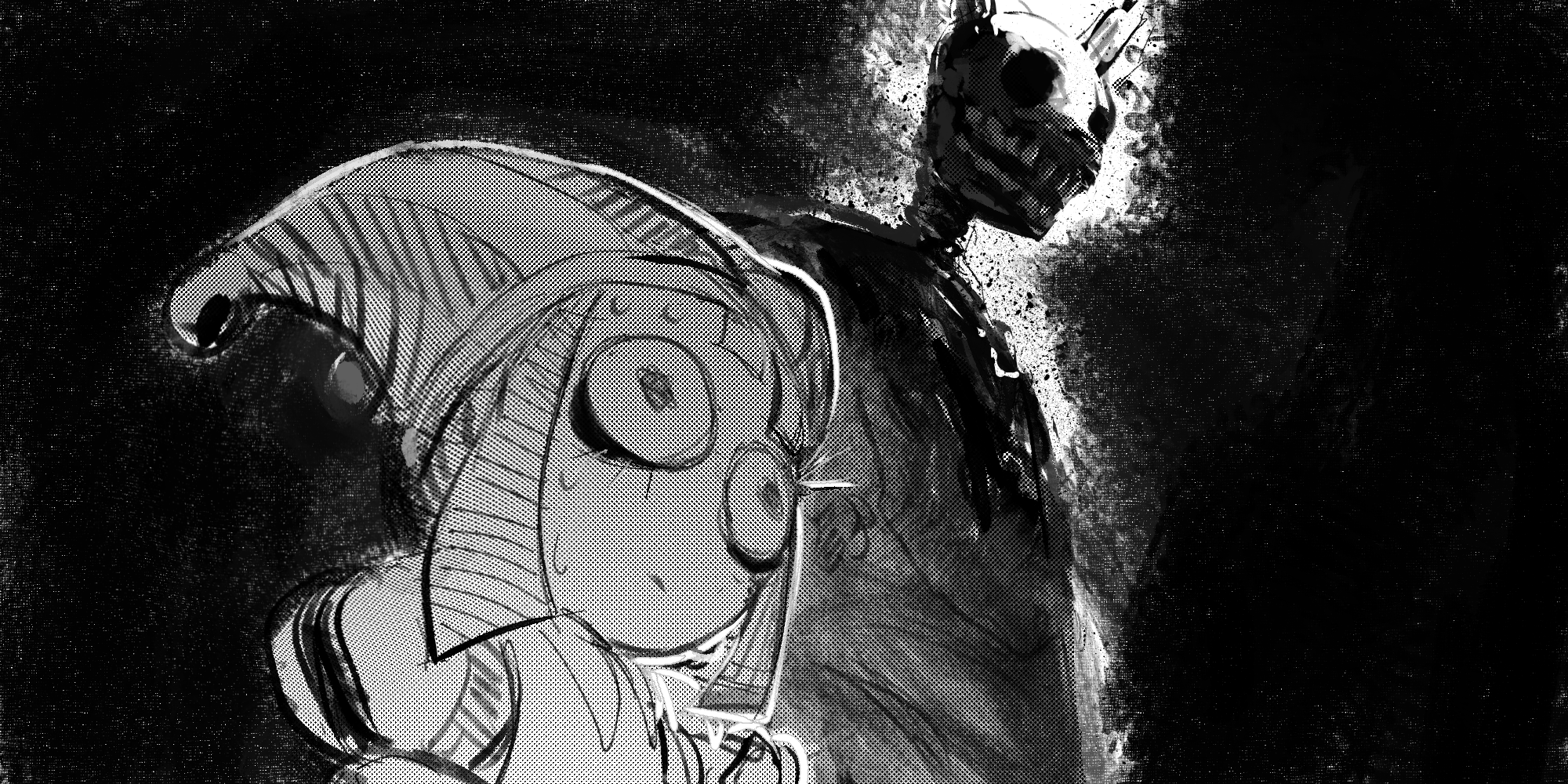 pomni (the amazing digital circus), springtrap, five nights at freddy's, five nights at freddy's 3, the amazing digital circus, highres, 1boy, 1girl, animal ears, beads, bodysuit, closed mouth, crossover, fake animal ears, greyscale, hat, jester cap, monochrome, open mouth, puffy short sleeves, puffy sleeves, rabbit ears, robot, scared, shefki, short hair, short sleeves, simple background, smile, standing, striped hat, sweat, teeth, vertical-striped bodysuit, wide-eyed