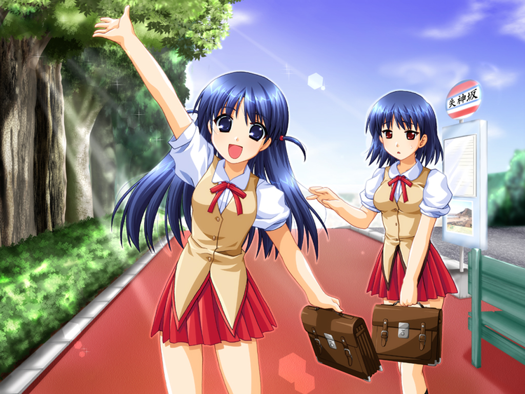 alpha (yukai na nakamatachi), tsukamoto tenma, tsukamoto yakumo, akabei soft, school rumble, school x school, game cg, 00s, 2girls, bag, blue eyes, blue hair, day, long hair, multiple girls, outdoors, red eyes, school bag, school uniform, serafuku, short hair, short twintails, siblings, sisters, skirt, smile, twintails, waving