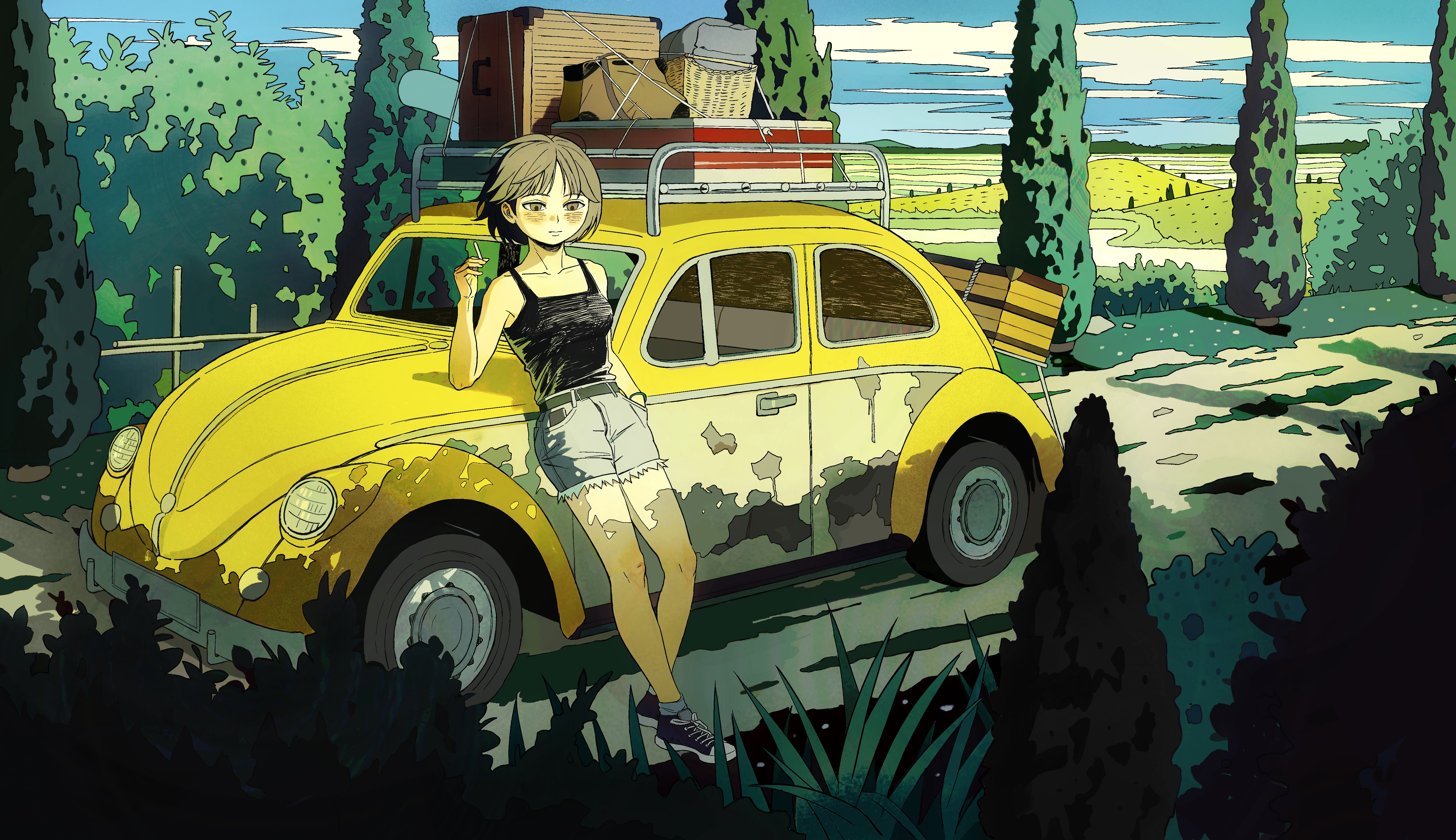 chaojufei, original, absurdres, commentary, highres, brown hair, car, cigarette, denim, denim shorts, hand in pocket, holding, holding cigarette, leaning on object, motor vehicle, short hair, shorts, solo, tree, yellow car