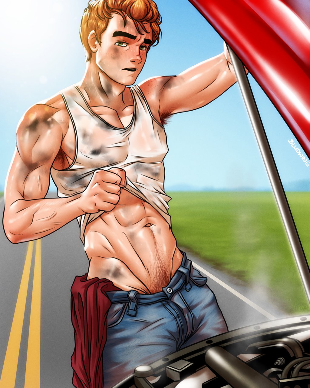 bludwing, archie andrews, commentary, english commentary, highres, 1boy, abs, archie (comic), artist name, denim, dirty, dirty clothes, dirty face, grass, green eyes, jeans, looking at viewer, male focus, male pubic hair, navel, navel hair, open car hood, orange hair, pants, pectorals, pocket, pubic hair, road, shiny skin, sidepec, sky, solo, tank top, white tank top