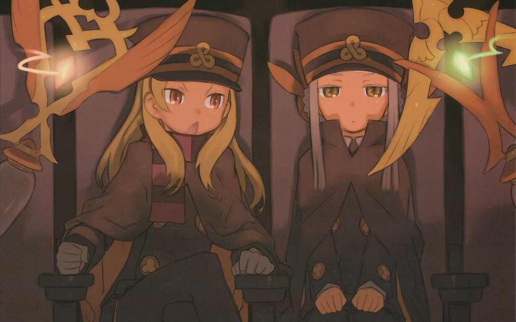 kuroboshi kouhaku, chiaki (shigofumi), fumika, kanaka, matoma, shigofumi, silver hair, 00s, 2girls, blonde hair, brown eyes, cape, gloves, hat, multiple girls, scarf, shako cap, sitting, striped clothes, striped scarf, yellow eyes