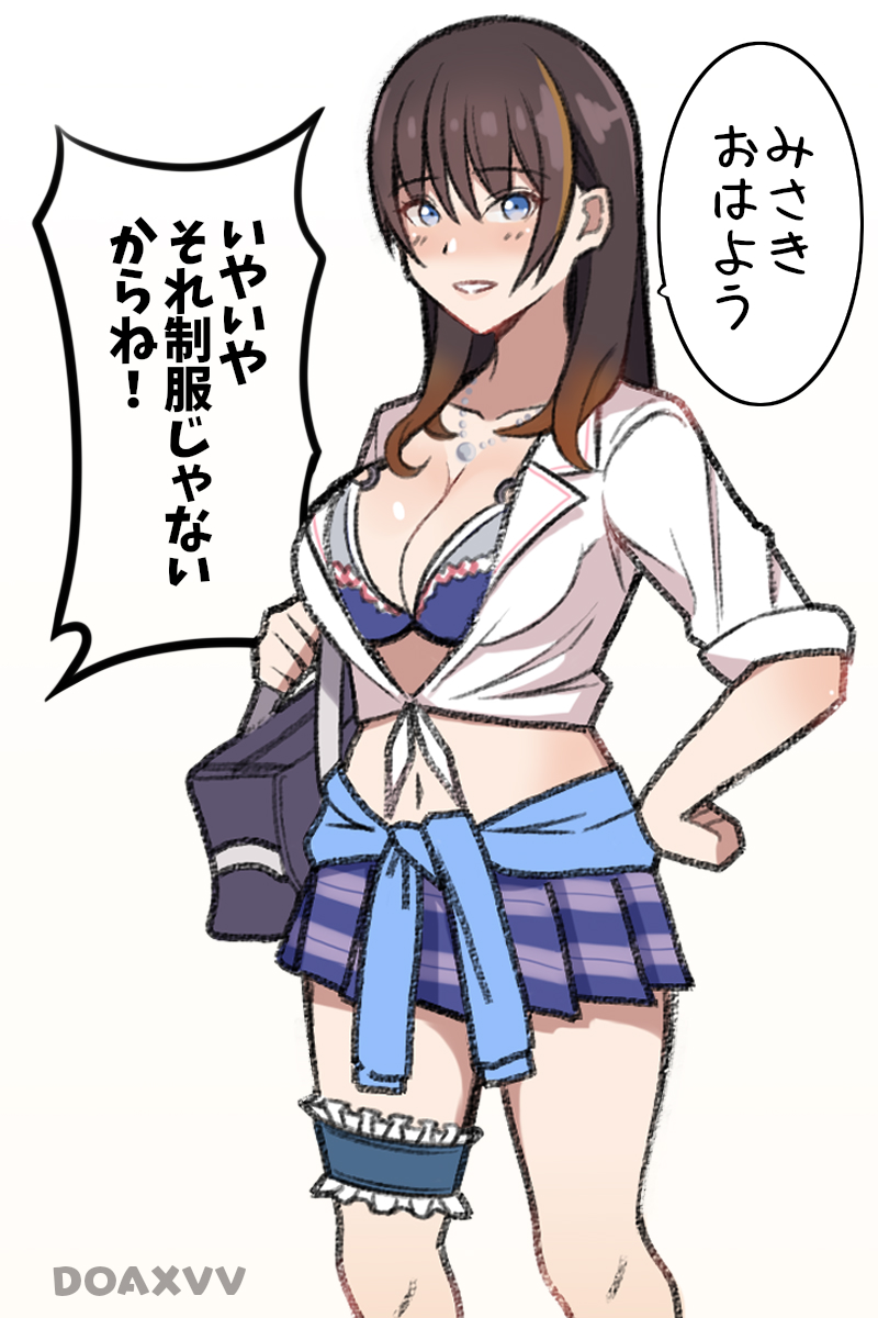 konishiki (52siki), nanami (doa), dead or alive, dead or alive xtreme, highres, 1girl, bag, bikini, bikini under clothes, blush, breasts, brown hair, cleavage, collar, collarbone, copyright name, cropped legs, gyaru, hands on own hips, holding, holding bag, jewelry, knees, large breasts, legband, light smile, long hair, looking at viewer, multicolored hair, navel, school bag, school uniform, shirt, skirt, solo, speech bubble, sweater, swimsuit, teeth, thighhighs, tied shirt, two-tone hair, white shirt
