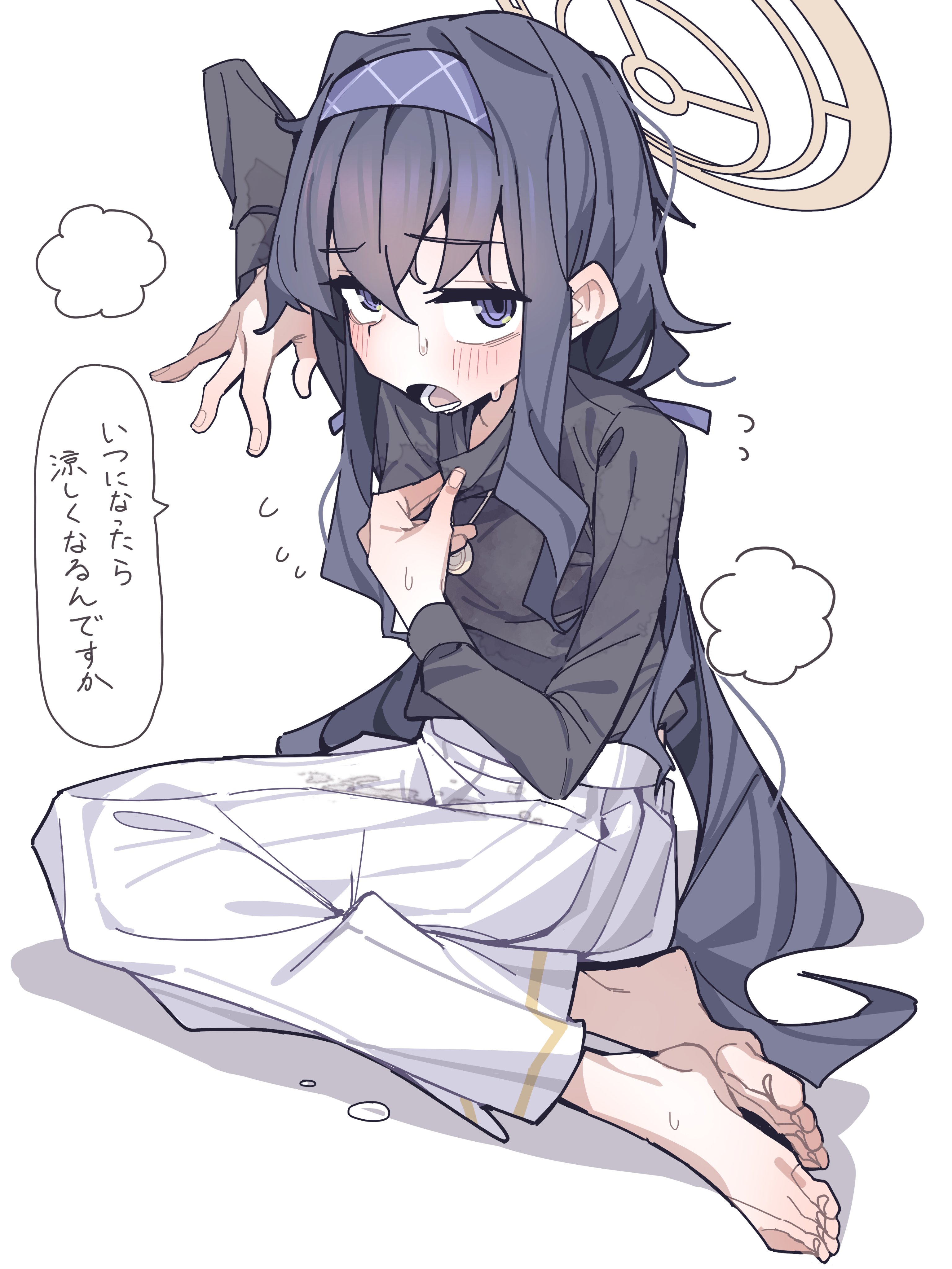 koyansuee, ui (blue archive), blue archive, absurdres, highres, translation request, 1girl, arm up, bags under eyes, barefoot, black hair, black shirt, blush, collar tug, flying sweatdrops, hairband, halo, jewelry, long hair, long sleeves, looking at viewer, open mouth, pendant, purple eyes, ringed eyes, shadow, shirt, shirt tucked in, sidelocks, simple background, sitting, skirt, solo, speech bubble, steaming body, sweat, toes, very long hair, white background, white skirt, yokozuwari