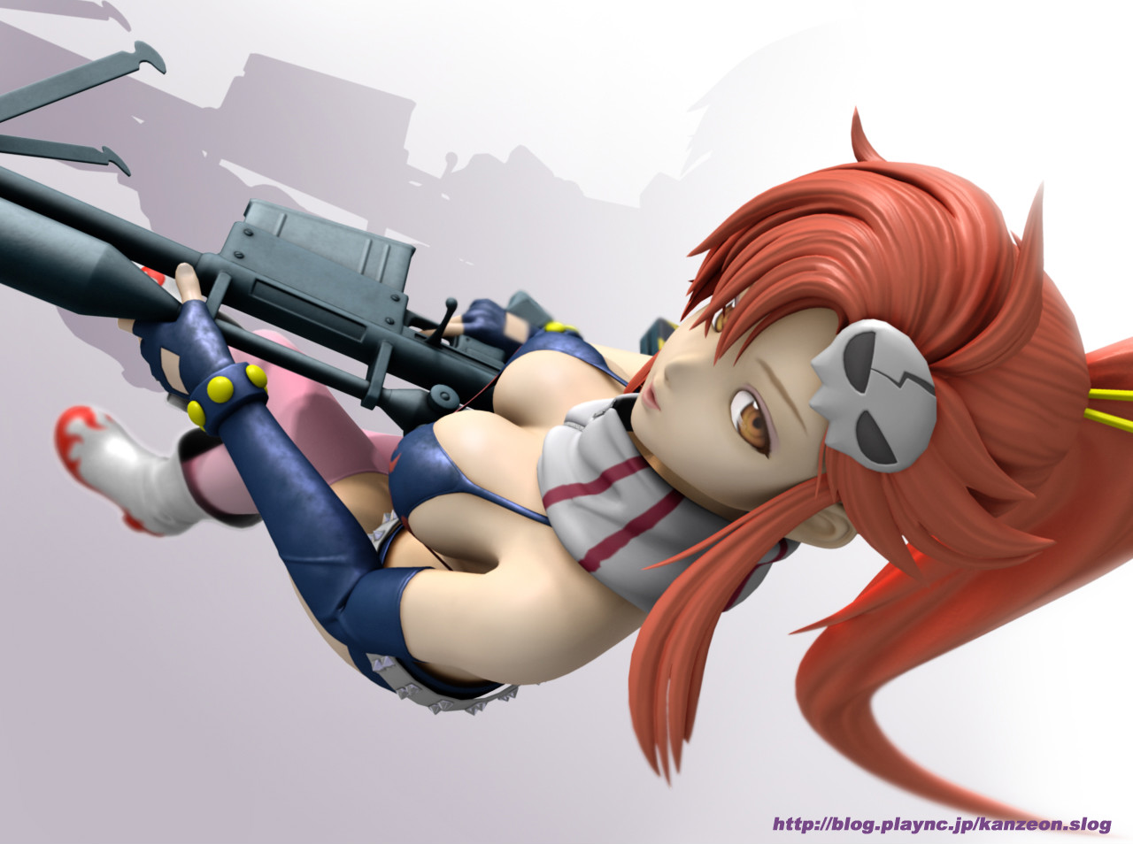 kanzeon, yoko littner, tengen toppa gurren lagann, 00s, 1girl, 3d, bikini, bikini top only, breasts, cleavage, elbow gloves, female focus, gloves, gun, hair ornament, large breasts, long hair, ponytail, red hair, rifle, scarf, short shorts, shorts, solo, standing, swimsuit, thighhighs, weapon, yellow eyes