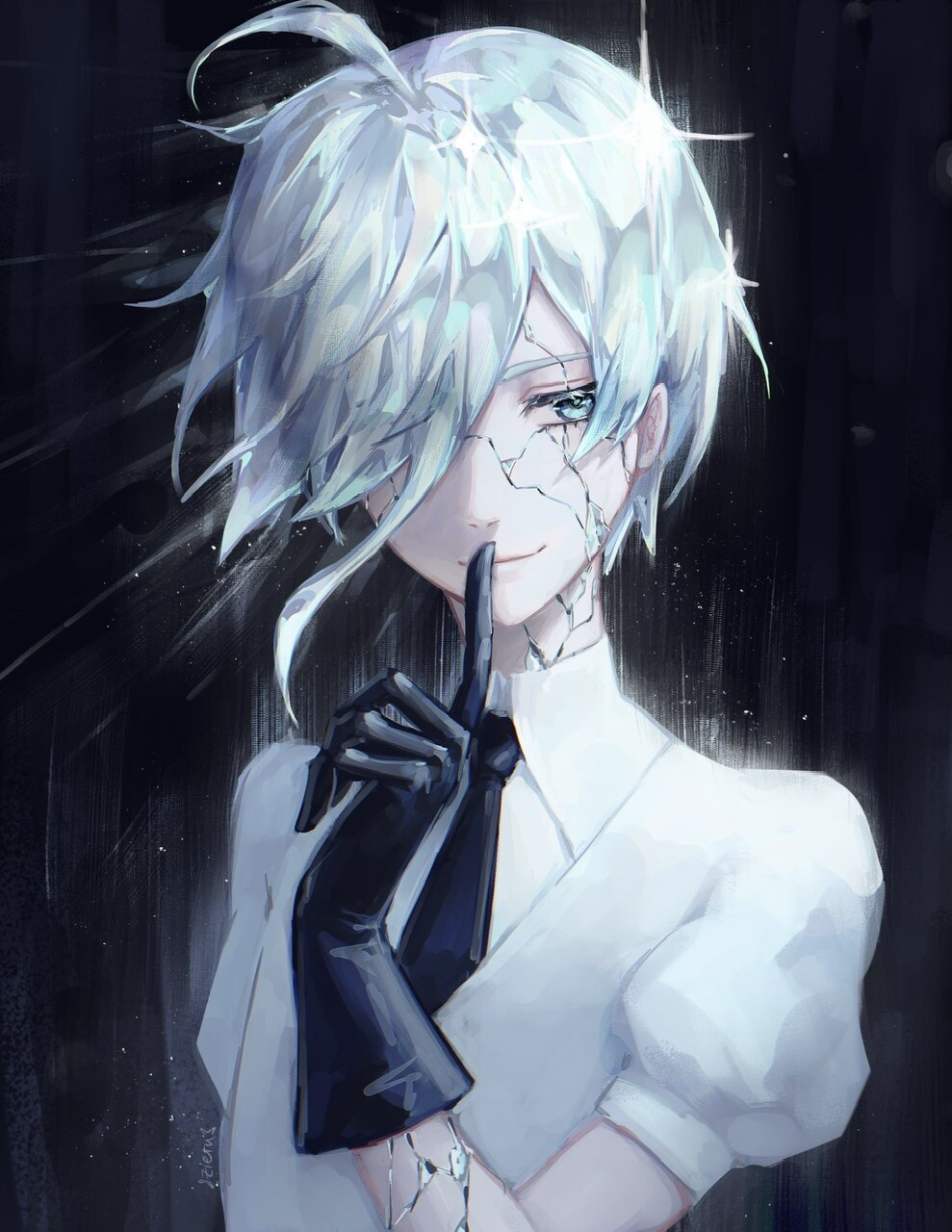zieru, antarcticite, houseki no kuni, commentary, highres, 1other, ahoge, black gloves, black necktie, closed mouth, collared shirt, cracked skin, finger to mouth, gloves, grey eyes, grey hair, looking at viewer, necktie, puffy short sleeves, puffy sleeves, shirt, short hair, short sleeves, shushing, signature, smile, solo, upper body, white shirt
