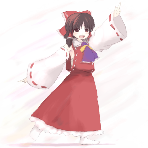 tsubasa (abchipika), hakurei reimu, subterranean animism, touhou, lowres, 1girl, :d, ascot, bow, brown hair, detached sleeves, dress, female focus, hair bow, hair tubes, japanese clothes, long sleeves, miko, open mouth, outstretched arms, red bow, red dress, red eyes, ribbon-trimmed sleeves, ribbon trim, sidelocks, smile, solo, tareme