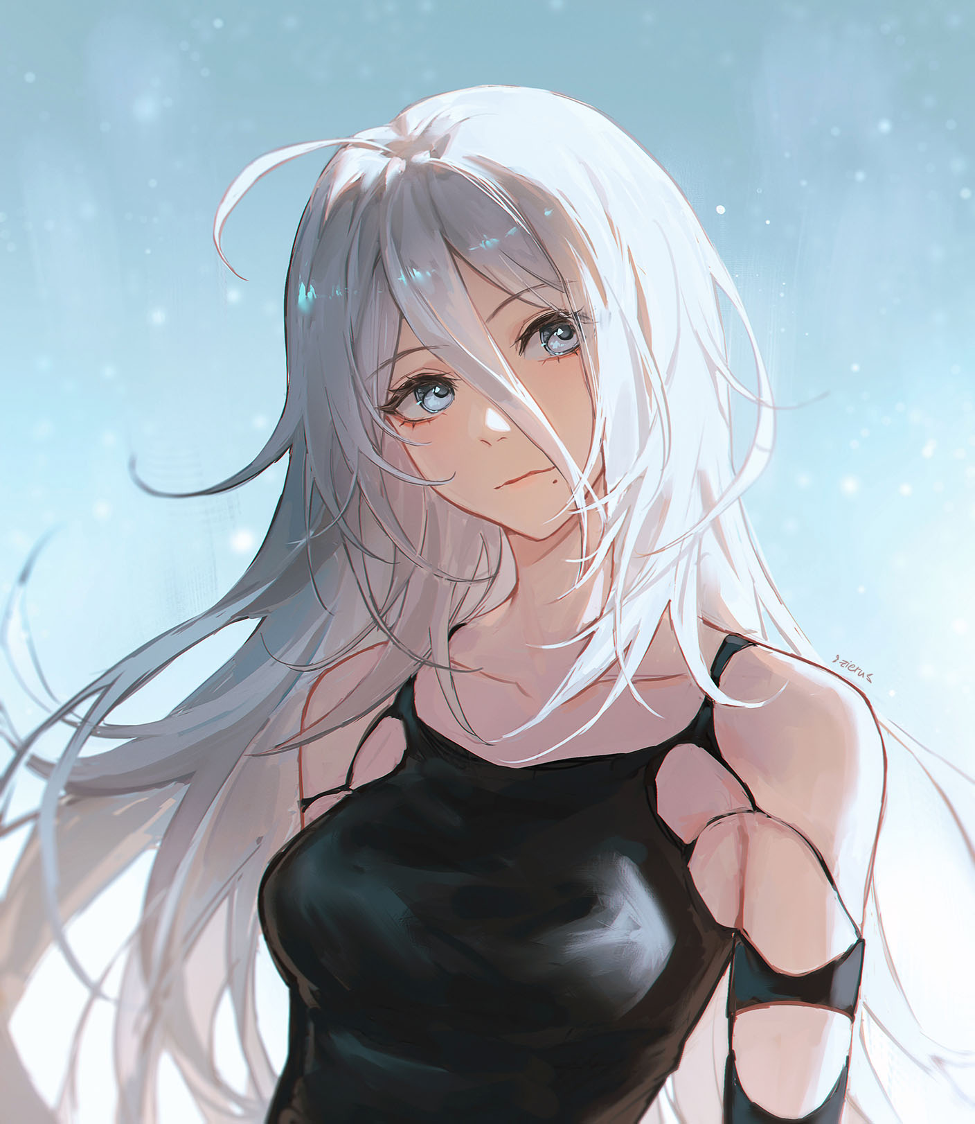 zieru, a2 (nier:automata), nier:automata, nier (series), commentary, highres, 1girl, android, artist name, bare shoulders, black gloves, blue eyes, breasts, closed mouth, collarbone, elbow gloves, eyelashes, gloves, gradient background, hair between eyes, light smile, long hair, looking to the side, looking up, medium breasts, messy hair, mole, mole under mouth, solo, upper body, white hair