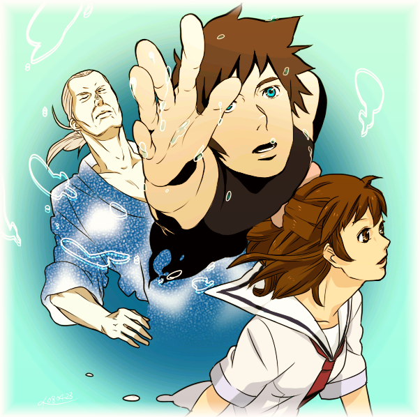 aarue, aoi minamo, haru masamichi, real drive, 1boy, 1girl, :o, breasts, brown hair, closed eyes, collarbone, covered erect nipples, grey hair, long hair, looking at viewer, neckerchief, old, old man, outstretched arm, parted lips, ponytail, sailor collar, school uniform, serafuku, short sleeves, small breasts, tunic, wrinkled skin