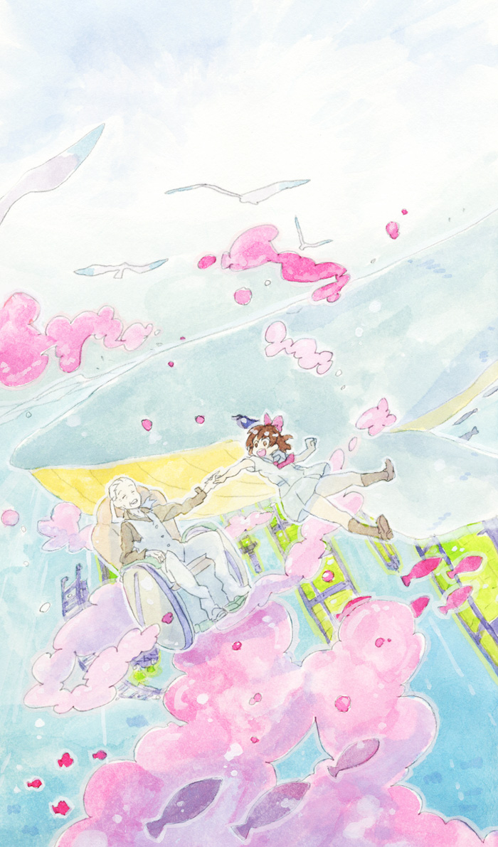aoi minamo, haru masamichi, real drive, traditional media, 1boy, 1girl, :d, bird, fish, hetero, holding hands, old, old man, open mouth, school uniform, seagull, serafuku, smile, surreal, underwater, whale, wheelchair
