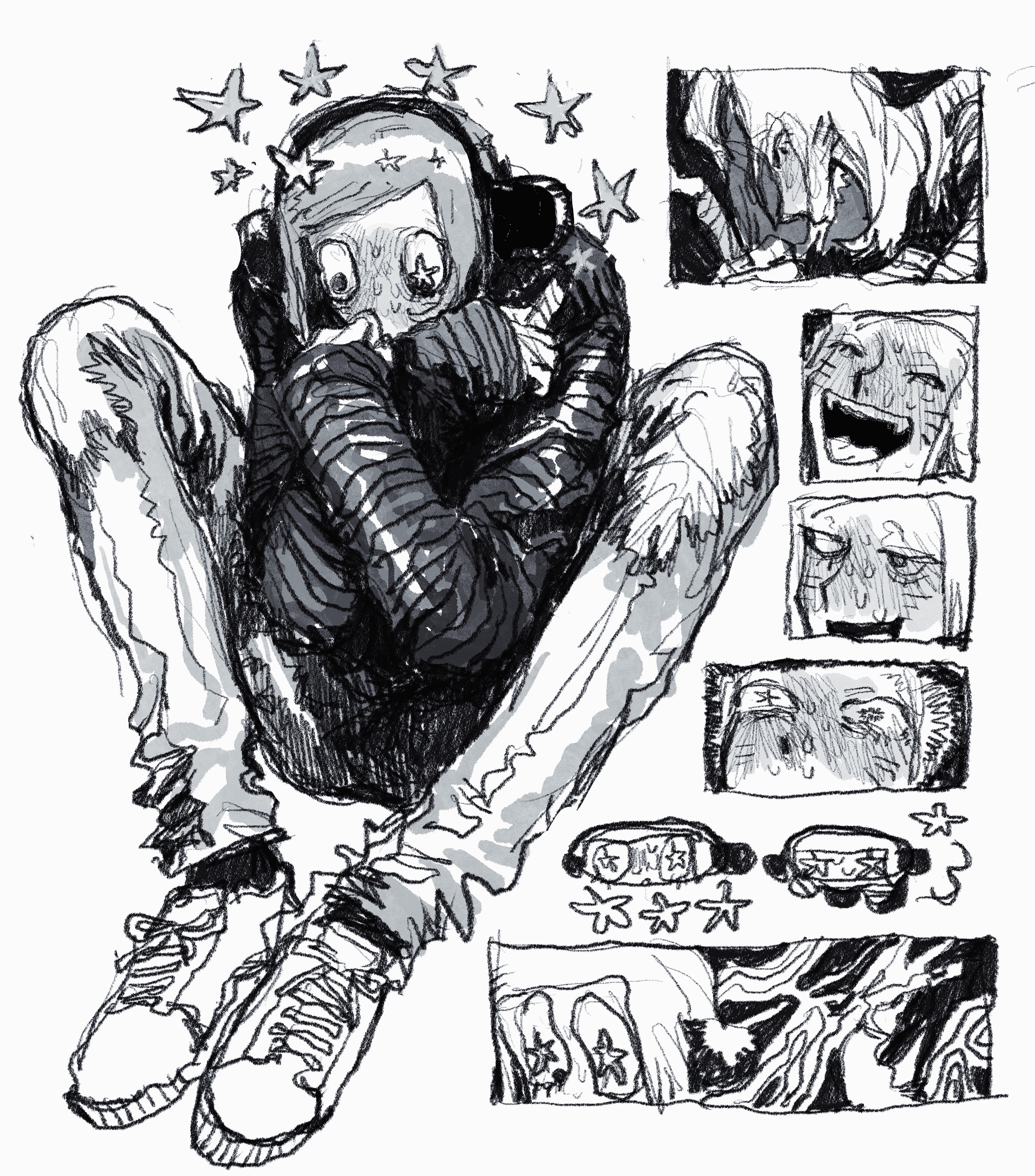 denpa shougai, nyon (randal's friends), randal's friends, absurdres, commentary, highres, 1boy, animal ears, blush, facial mark, fake animal ears, full-face blush, greyscale, knees up, male focus, monochrome, multiple views, seeing stars, sharp teeth, shirt, short hair, simple background, sitting, sleeves past wrists, star (symbol), stoned, striped clothes, striped shirt, sweat, teeth, whisker markings, white background