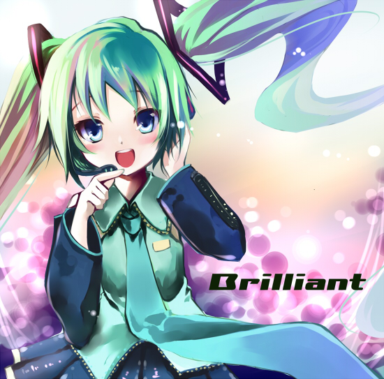 sho (runatic moon), hatsune miku, vocaloid, 1girl, blue eyes, female focus, green hair, hair ribbon, hand on own ear, looking at viewer, necktie, open mouth, ribbon, smile, solo, twintails