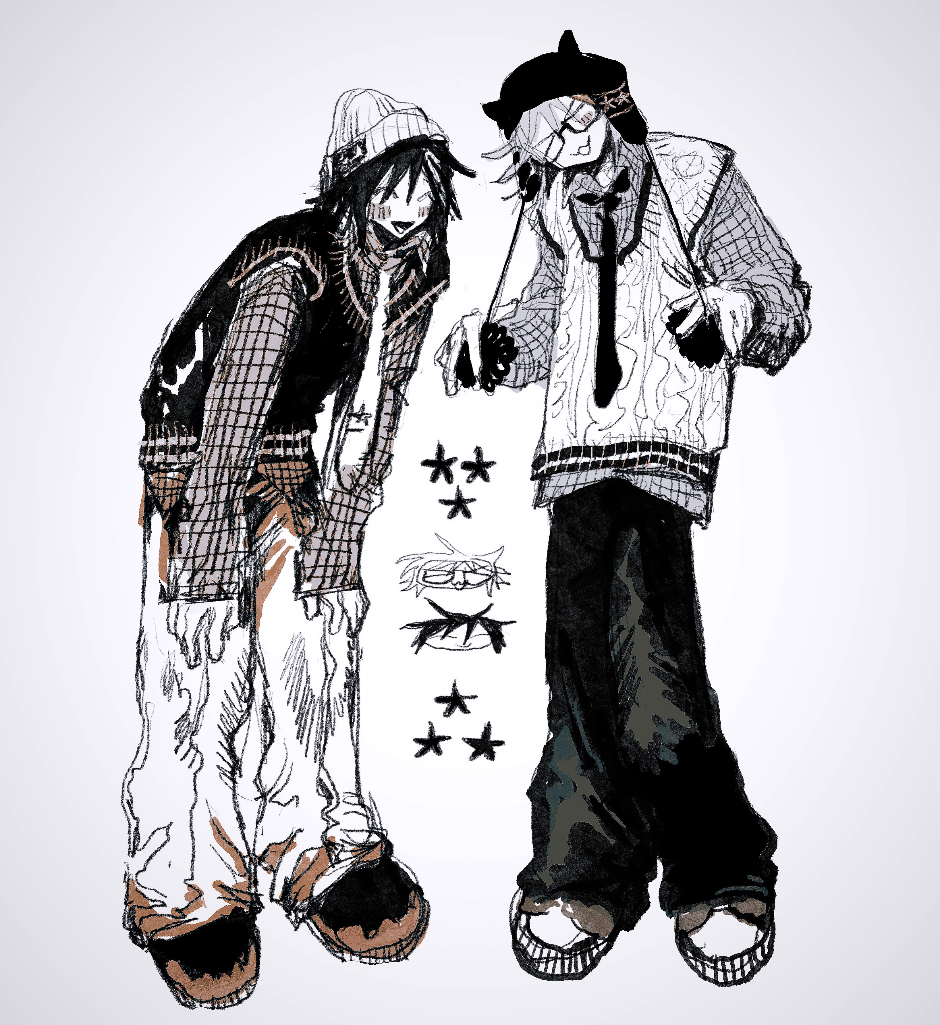 denpa shougai, randal ivory, tsukada satoru, randal's friends, absurdres, commentary, highres, 2boys, :3, animal hat, beanie, closed eyes, glasses, grey background, hands on own knees, hat, male focus, multiple boys, necktie, pom pom (clothes), pom pom beanie, short hair, simple background, spot color, standing, sweater, sweater vest