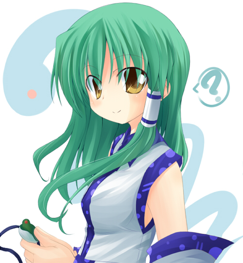 makino (ukiuo), kochiya sanae, touhou, 1girl, breasts, detached sleeves, female focus, green hair, solo, upper body, white background, yellow eyes