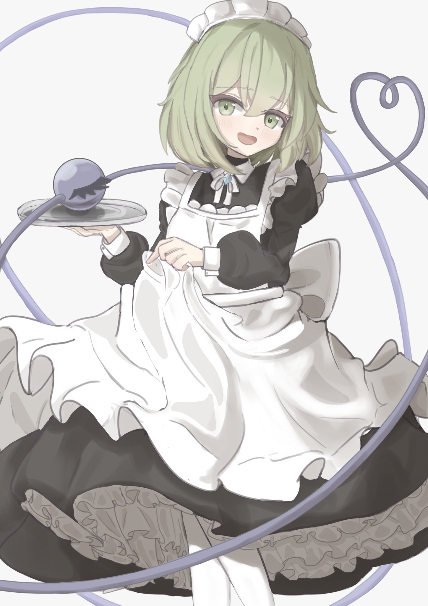 komeiji koishi, touhou, commentary, highres, 1girl, :d, alternate costume, apron, black dress, blush, dress, enmaided, feet out of frame, frilled apron, frilled dress, frills, green eyes, green hair, hair between eyes, hands up, hatsuka2o, heart, heart of string, holding, holding tray, long dress, long sleeves, looking at viewer, maid, maid apron, maid headdress, medium hair, neck ribbon, open mouth, petticoat, puffy long sleeves, puffy sleeves, ribbon, simple background, skirt hold, smile, solo, standing, third eye, tray, white apron, white background, white ribbon