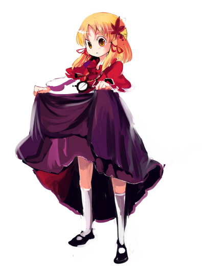 cis (carcharias), moriya suwako, yasaka kanako, touhou, 1girl, blonde hair, clothes lift, cosplay, dress, dress lift, female focus, full body, rope, simple background, skirt, skirt lift, solo, white background, yasaka kanako (cosplay)