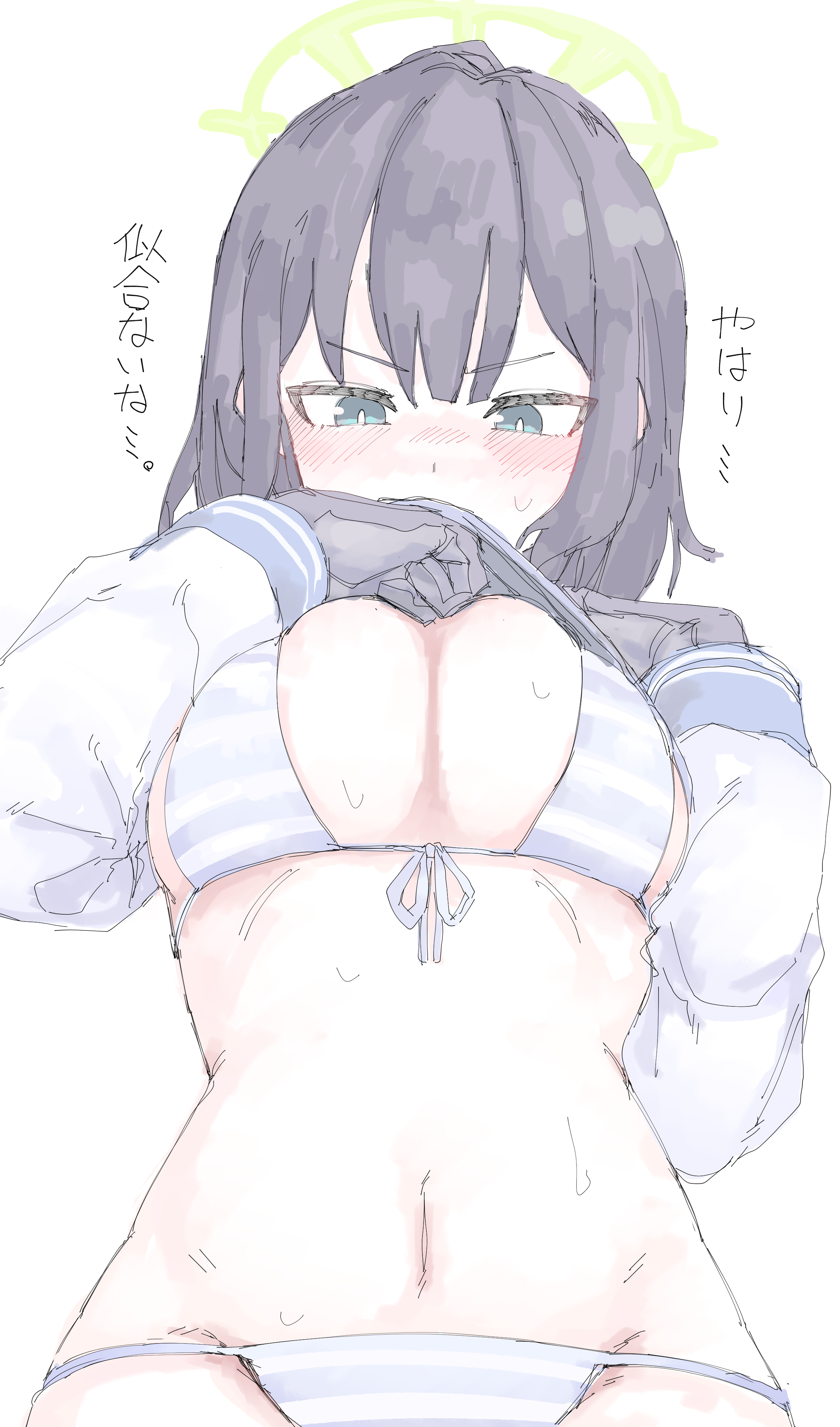 mocamocaink, saki (blue archive), blue archive, absurdres, commentary request, highres, translation request, 1girl, bikini, black gloves, black hair, blush, breasts, clothes lift, front-tie bikini top, front-tie top, gloves, green eyes, halo, large breasts, navel, shirt lift, shy, simple background, solo, stomach, string bikini, swimsuit, white background, white bikini