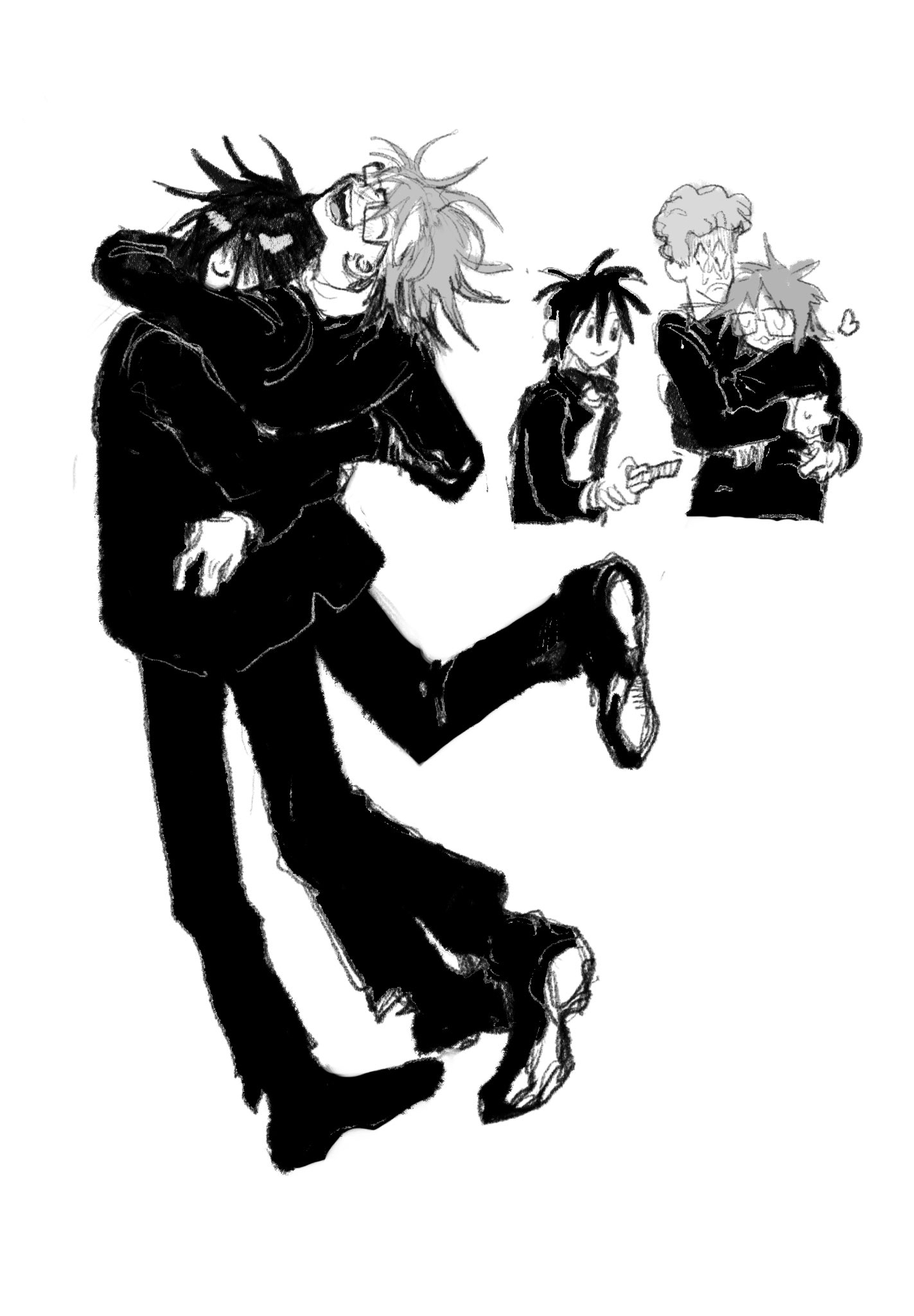 denpa shougai, randal ivory, sebastian de tomato smith chicken legs, tsukada satoru, randal's friends, commentary, highres, 3boys, blush, boxcutter, full body, gakuran, glasses, greyscale, holding, holding boxcutter, hug, male focus, monochrome, multiple boys, multiple views, school uniform, short hair, simple background, white background