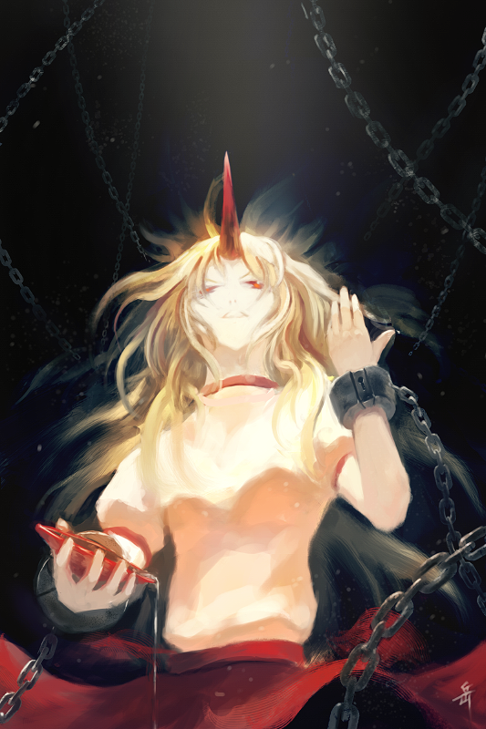 archlich, hoshiguma yuugi, touhou, 1girl, alcohol, black background, blonde hair, chain, cuffs, cup, female focus, horns, long hair, oni, red eyes, sakazuki, sake, shackles, single horn, solo