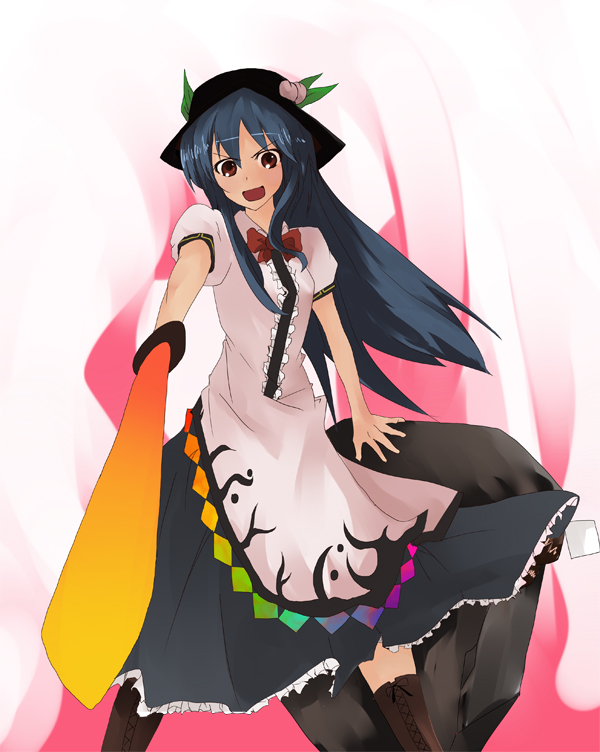mie haru, mieharu, hinanawi tenshi, touhou, 1girl, blue hair, female focus, food, fruit, hat, long hair, peach, solo, sword, sword of hisou, weapon