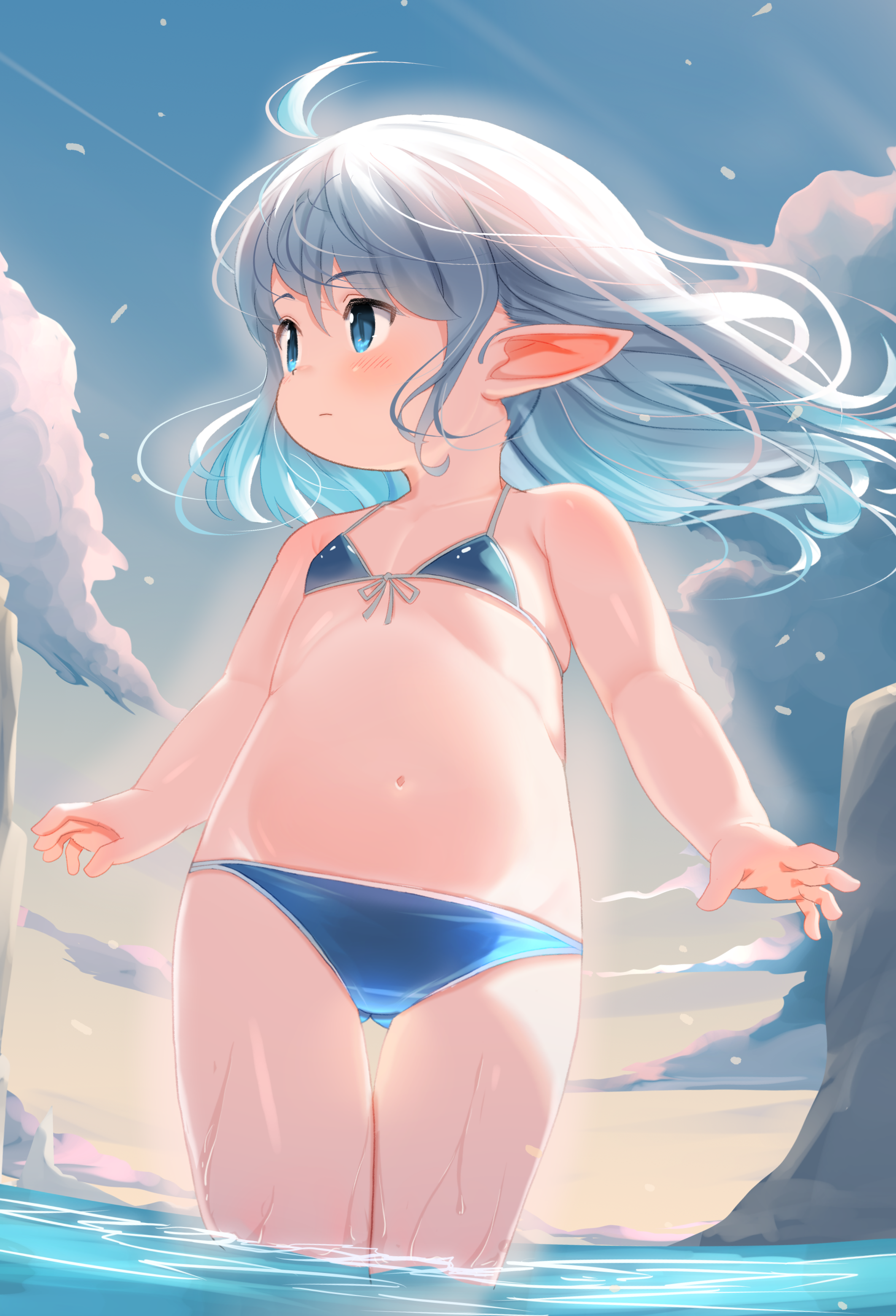 shelldy, final fantasy, final fantasy xiv, absurdres, commentary request, highres, 1girl, ahoge, bikini, blue bikini, blue eyes, closed mouth, cloud, flat chest, floating hair, front-tie bikini top, front-tie top, gluteal fold, grey hair, lalafell, long hair, looking to the side, navel, outdoors, pointy ears, sky, solo, swimsuit, thigh gap, wading, water