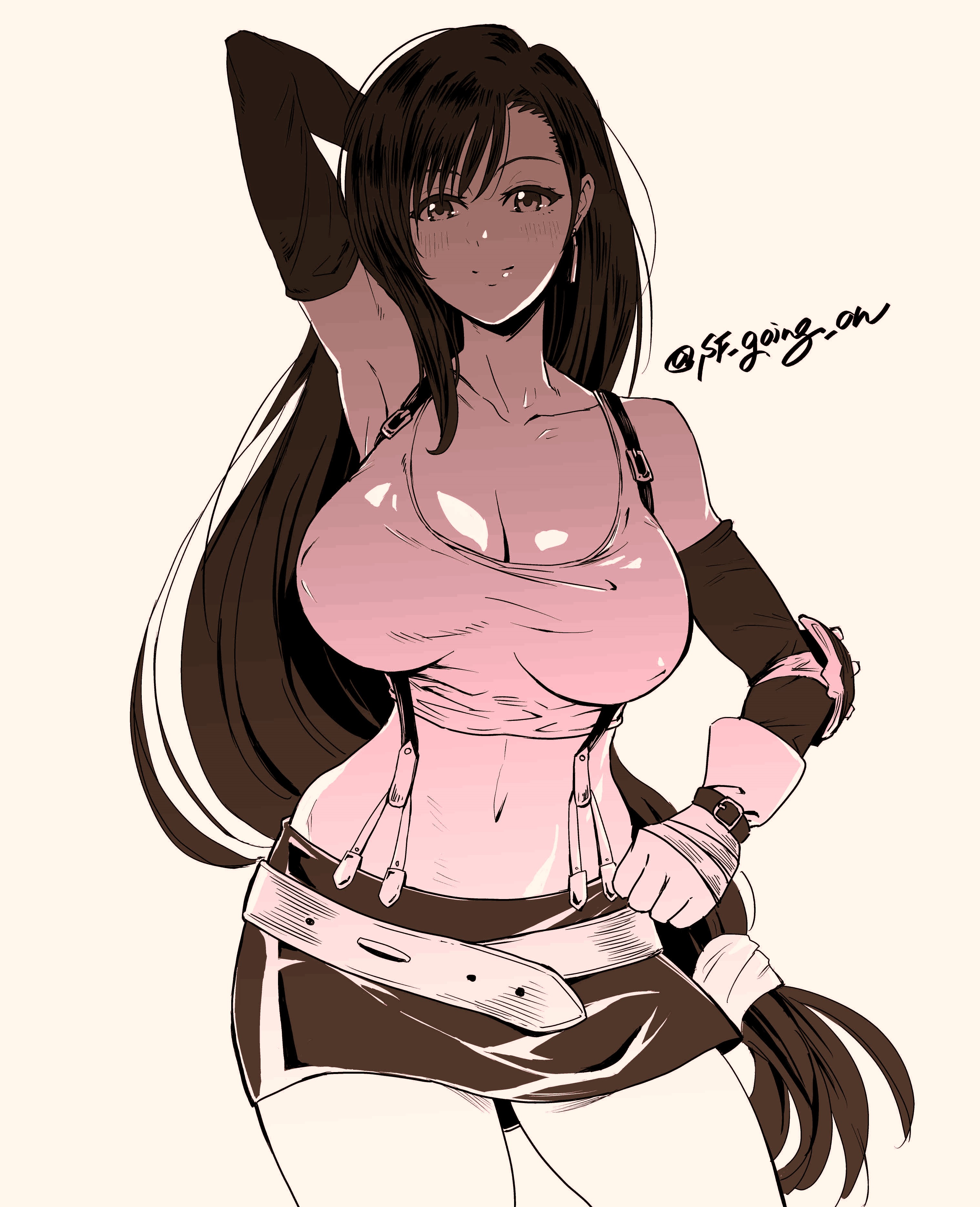 sf going on, tifa lockhart, final fantasy, final fantasy vii, absurdres, commentary request, highres, 1girl, arm up, armpits, arms behind head, belt, breasts, cleavage, closed mouth, collarbone, cowboy shot, crop top, detached sleeves, earrings, impossible clothes, impossible shirt, jewelry, large breasts, long hair, looking at viewer, low-tied long hair, midriff, miniskirt, monochrome, narrow waist, navel, shirt, simple background, skin tight, skirt, sleeveless, sleeveless shirt, smile, solo, standing, suspenders, thighs, twitter username, wrist belt