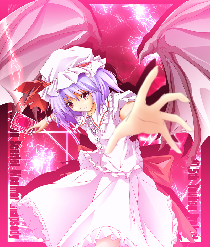 zb (dawn-blue), remilia scarlet, touhou, 1girl, blue hair, card, dress, female focus, hat, holding, holding card, magic, purple hair, red eyes, ribbon, short hair, solo, wings, zb (pixiv)
