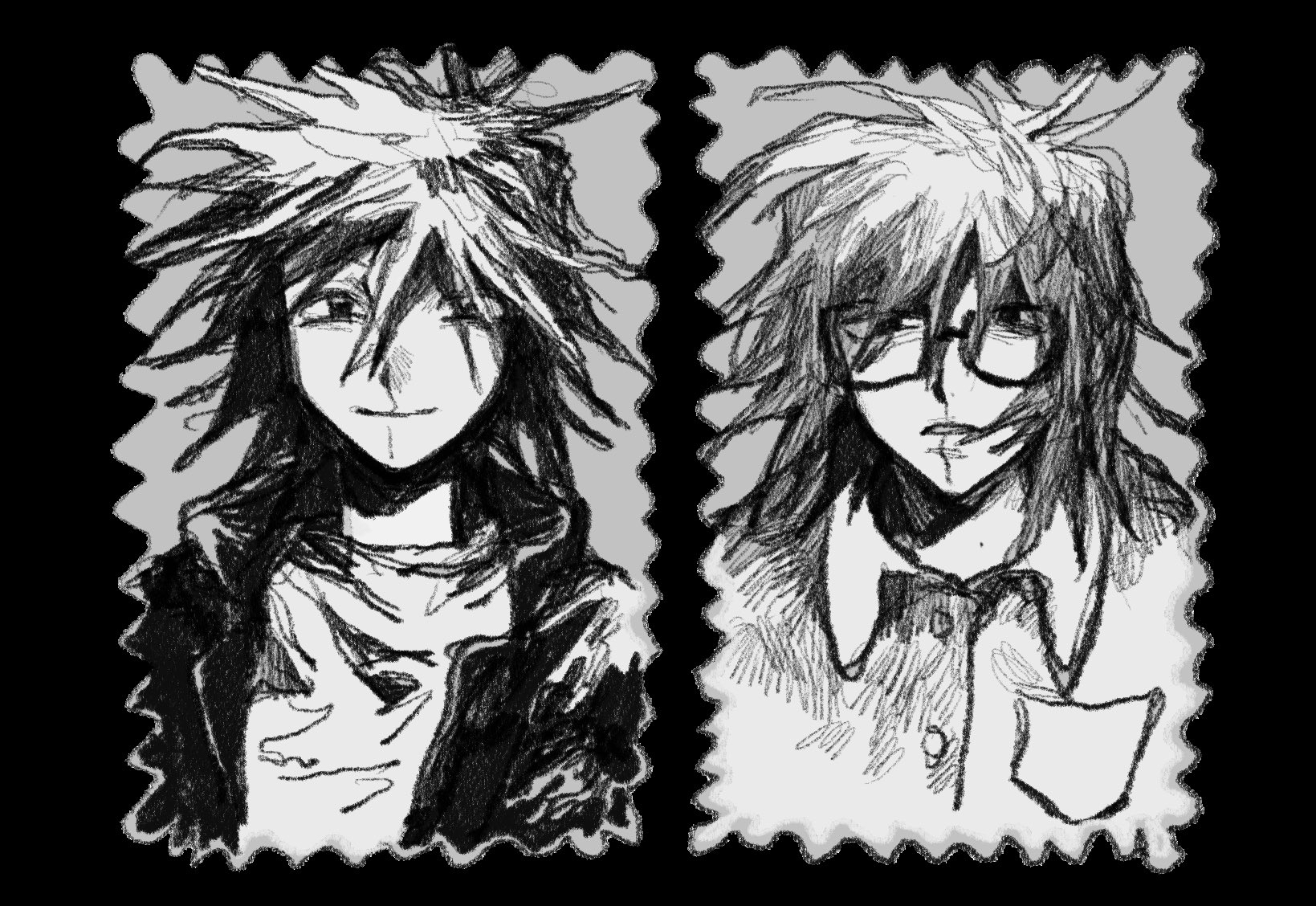 denpa shougai, randal ivory, tsukada satoru, randal's friends, commentary, highres, 2boys, black background, cracked skin, gakuran, glasses, greyscale, jacket, looking at viewer, male focus, monochrome, multiple boys, open clothes, open jacket, school uniform, short hair, simple background, upper body