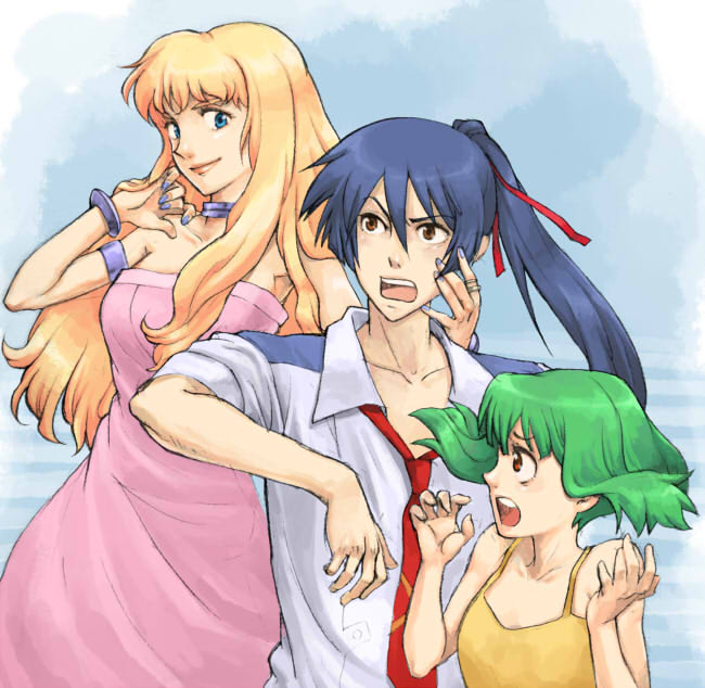 nira (niratoro), ranka lee, saotome alto, sheryl nome, macross, macross frontier, 00s, 1boy, 2girls, armband, blonde hair, blue hair, blue nails, bracelet, camisole, choker, collarbone, dress, floating hair, green hair, hair ribbon, hand on another's face, height difference, jewelry, long hair, multiple girls, nail polish, necktie, open mouth, ponytail, profile, red eyes, ribbon, school uniform, shirt, short hair, smirk, strapless, strapless dress, surprised, very long hair