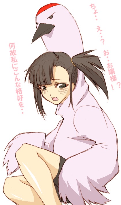 haruka shiya, sakurazaki setsuna, mahou sensei negima!, translation request, 00s, animal costume, bike shorts, bird, brown hair, crane (animal), green eyes, pactio, ponytail, side ponytail, solo