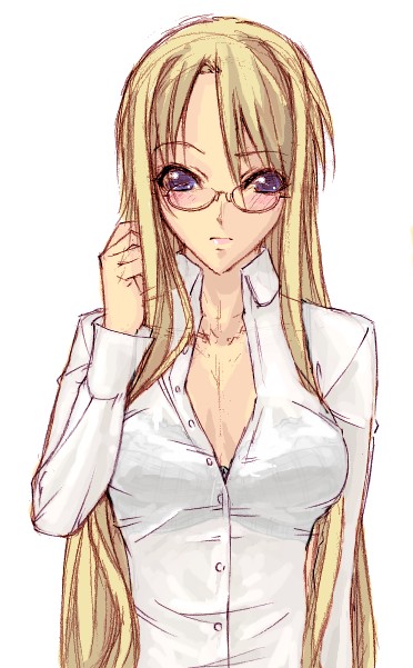 haruka shiya, yukihiro ayaka, mahou sensei negima!, 00s, blonde hair, blush, bra, glasses, lingerie, long hair, open clothes, open shirt, purple eyes, shirt, solo, underwear, very long hair