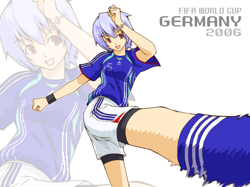 haruka shiya, izumi ako, 2006 fifa world cup, mahou sensei negima!, world cup, 00s, 1girl, 2006, brown eyes, female focus, foreshortening, germany, kicking, looking at viewer, motion blur, red eyes, short hair, soccer, soccer uniform, solo, sportswear, white hair, zoom layer
