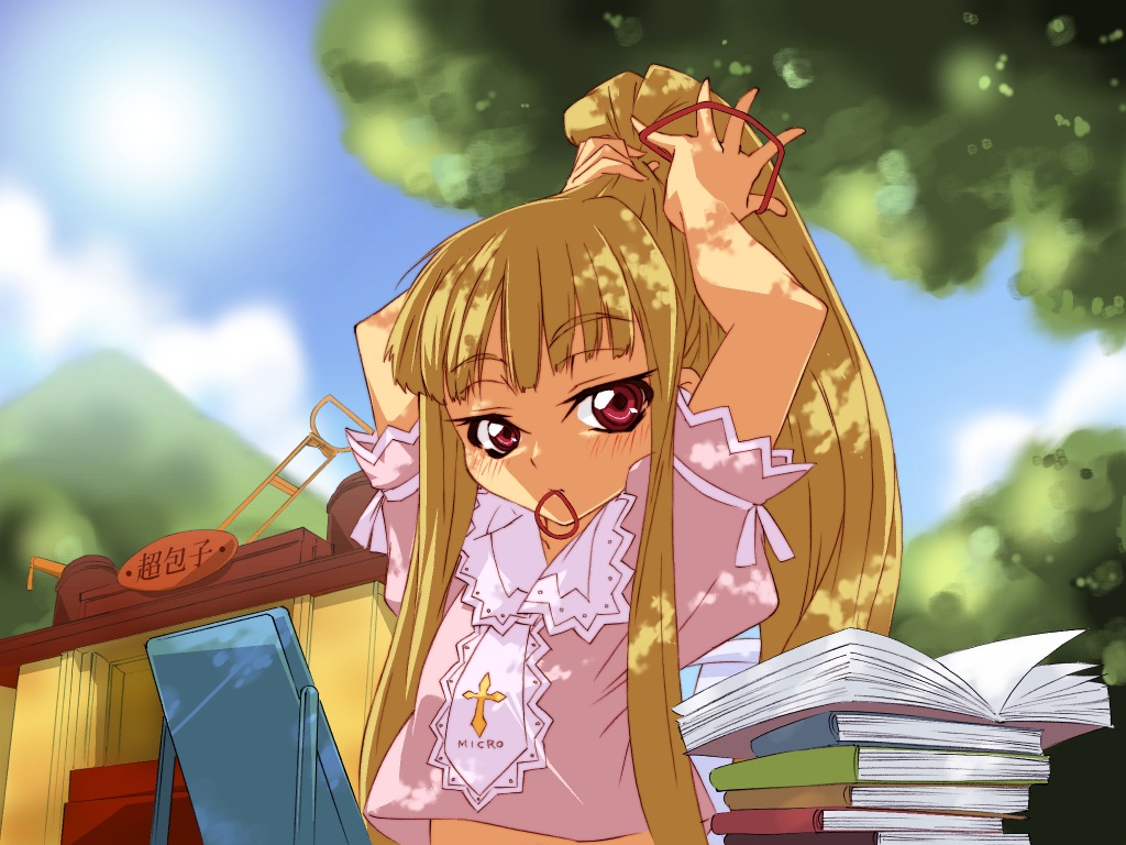 haruka shiya, evangeline a.k. mcdowell, mahou sensei negima!, 00s, 1girl, adjusting hair, blonde hair, blue sky, blush, book, book stack, collar, dappled sunlight, day, female focus, frills, hair ribbon, hairdressing, looking at viewer, mouth hold, outdoors, ponytail, puffy short sleeves, puffy sleeves, red eyes, ribbon, short sleeves, sky, solo, sun, sunlight, tying hair, upper body, vampire