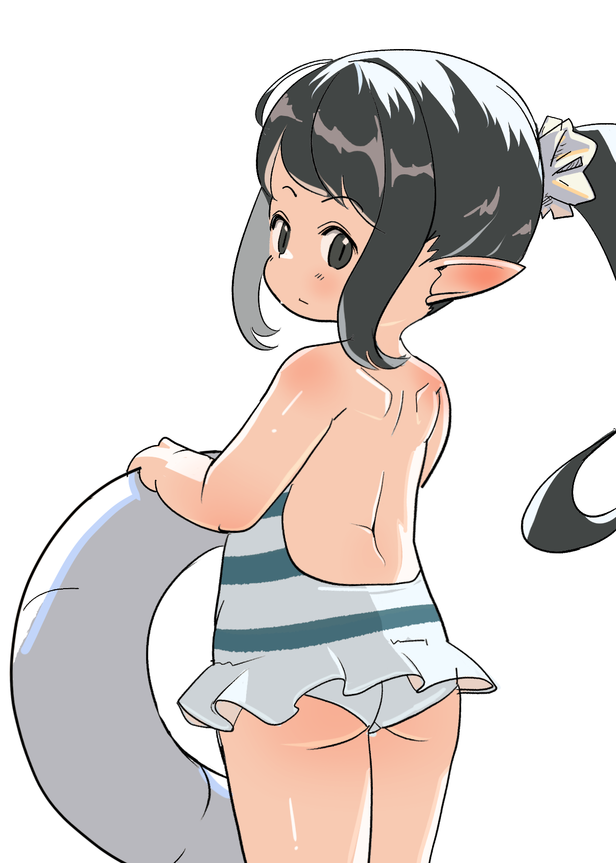shelldy, final fantasy, final fantasy xiv, commentary request, highres, 1girl, ass, black eyes, black hair, closed mouth, from behind, holding, holding swim ring, innertube, lalafell, long hair, one-piece swimsuit, pointy ears, ponytail, simple background, sketch, solo, striped clothes, striped one-piece swimsuit, swim ring, swimsuit, white background, white one-piece swimsuit