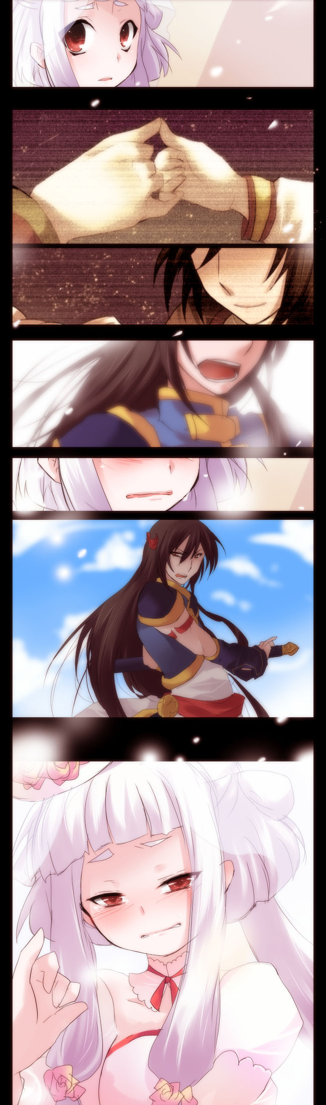 kurohara yuu, li xingke, tianzi, code geass, highres, long image, tall image, 00s, 1boy, 1girl, albino, black hair, chinese clothes, choker, couple, dress, hetero, jian (weapon), long hair, pink hair, pinky swear, red eyes, sad, sky, smile, sword, tears, weapon, wedding dress, white hair