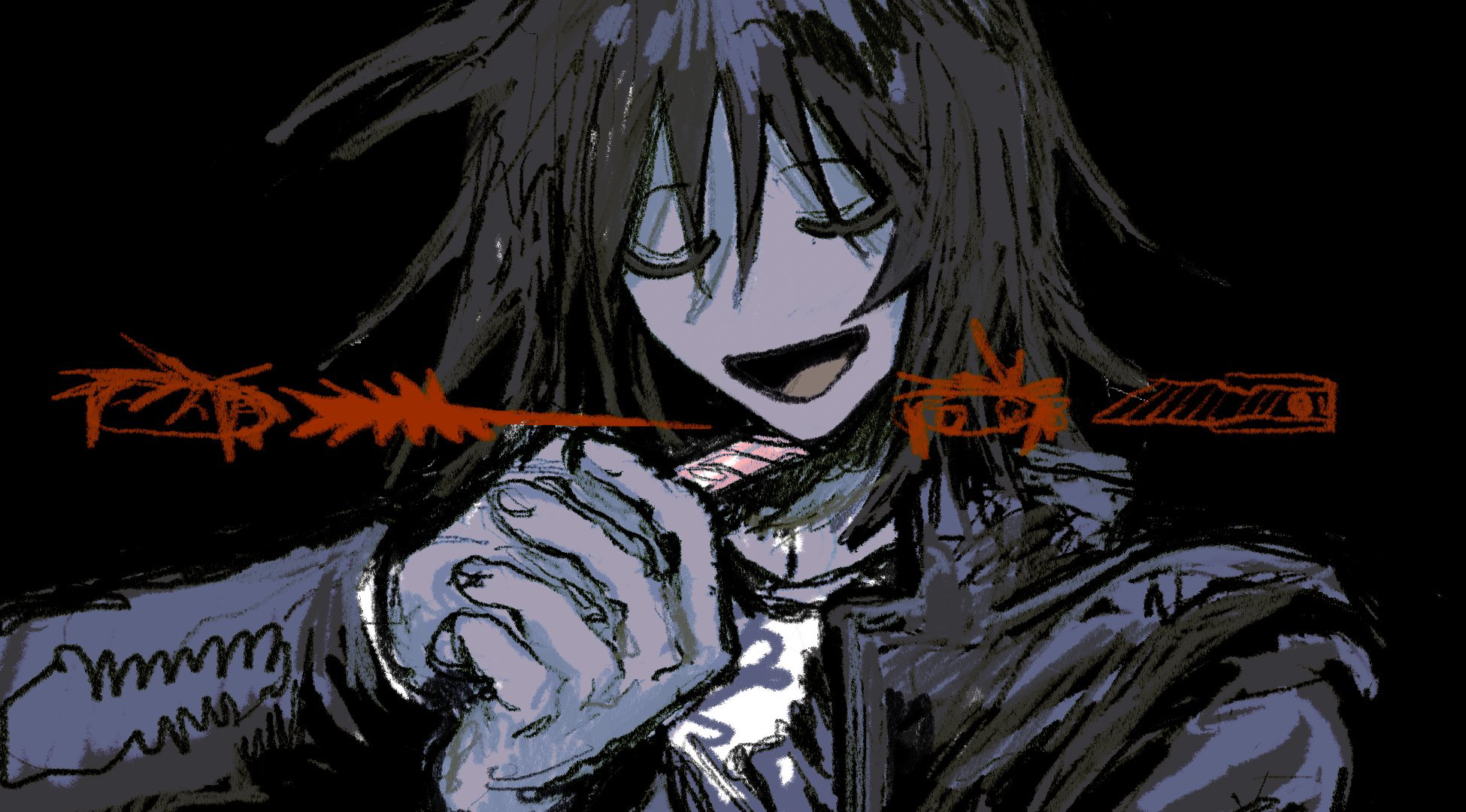 denpa shougai, tsukada satoru, gakuen idolmaster, idolmaster, randal's friends, commentary, highres, 1boy, black background, black hair, boxcutter, closed eyes, holding, holding boxcutter, imminent suicide, jacket, male focus, open clothes, open jacket, open mouth, short hair, simple background, solo, upper body