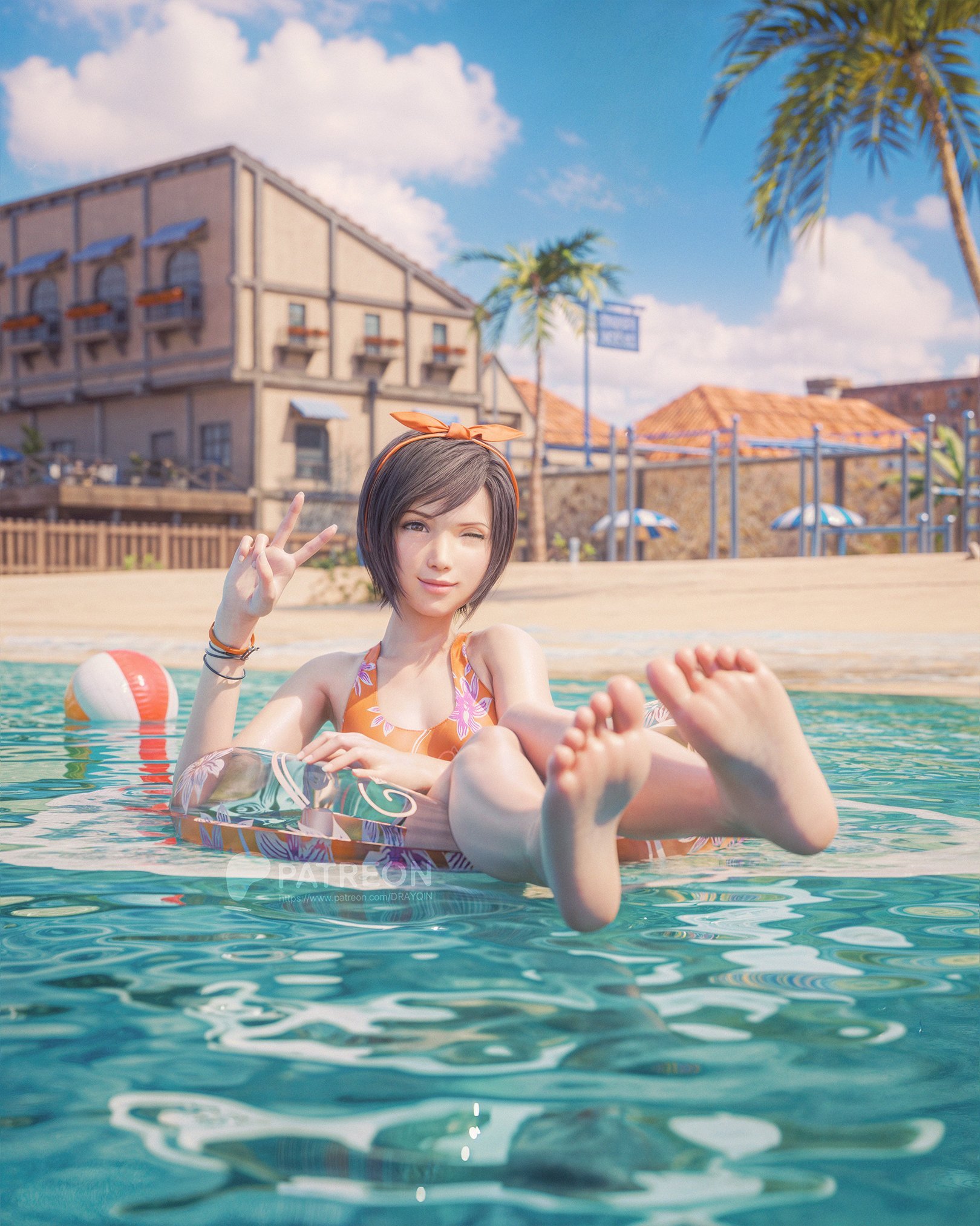 drayqin, yuffie kisaragi, yuffie kisaragi (summer orange), final fantasy, final fantasy vii, final fantasy vii rebirth, final fantasy vii remake, highres, 1girl, 3d, armpits, ball, barefoot, beach, beachball, bikini, blurry, blurry background, bow hairband, bracelet, breasts, brown hair, closed mouth, day, eyelashes, feet, floral print, foot focus, hairband, hand up, innertube, jewelry, knees together feet apart, one eye closed, orange bikini, orange hairband, outdoors, palm tree, short hair, sitting, small breasts, smile, soles, solo, swept bangs, swim ring, swimsuit, toes, tree, v