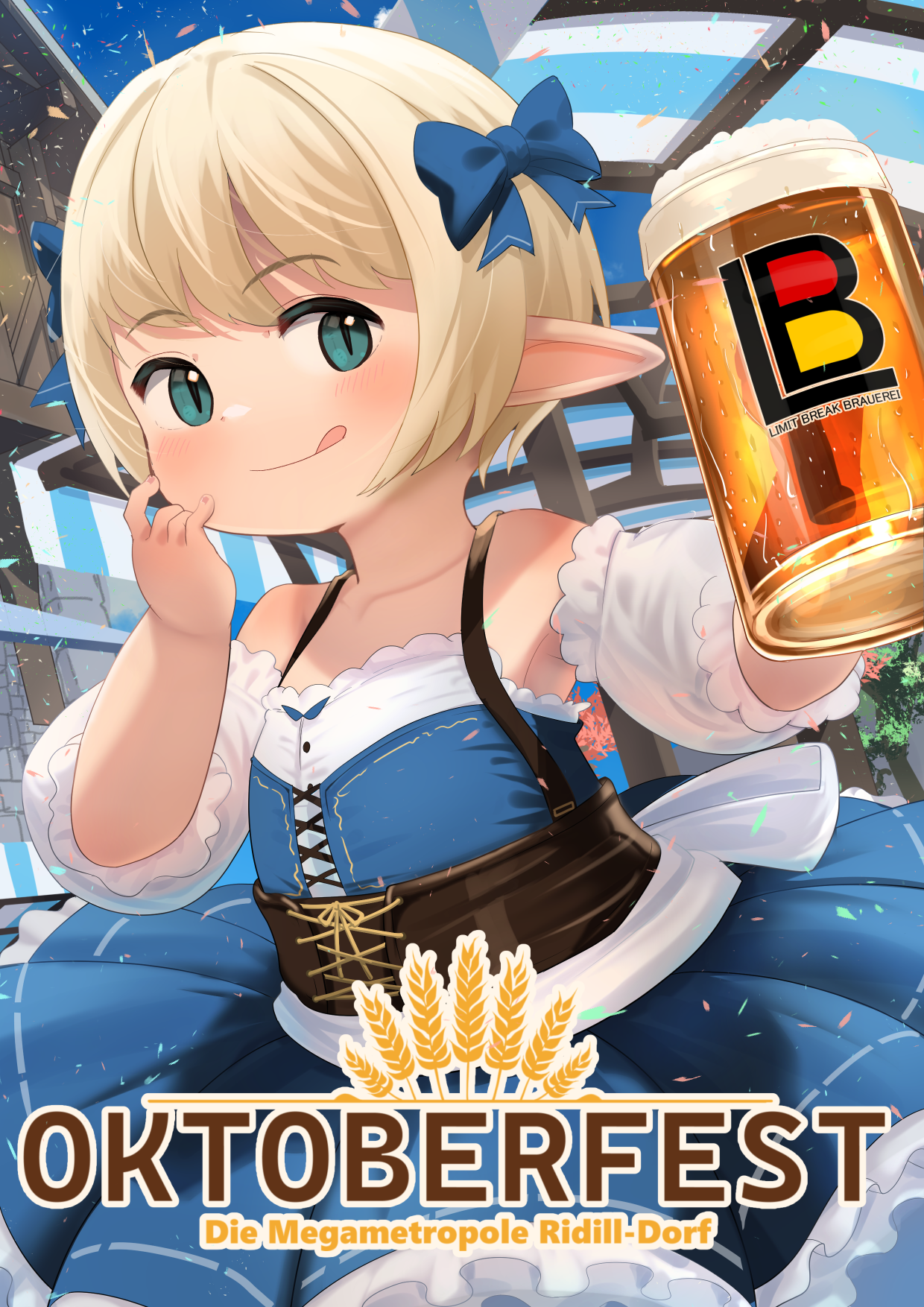 shelldy, final fantasy, final fantasy xiv, commentary request, highres, translation request, 1girl, :q, alcohol, beer, beer mug, blonde hair, blue dress, blue eyes, bow, closed mouth, cup, detached sleeves, dirndl, dress, flat chest, german clothes, german text, hair bow, holding, lalafell, mug, pointy ears, tongue, tongue out