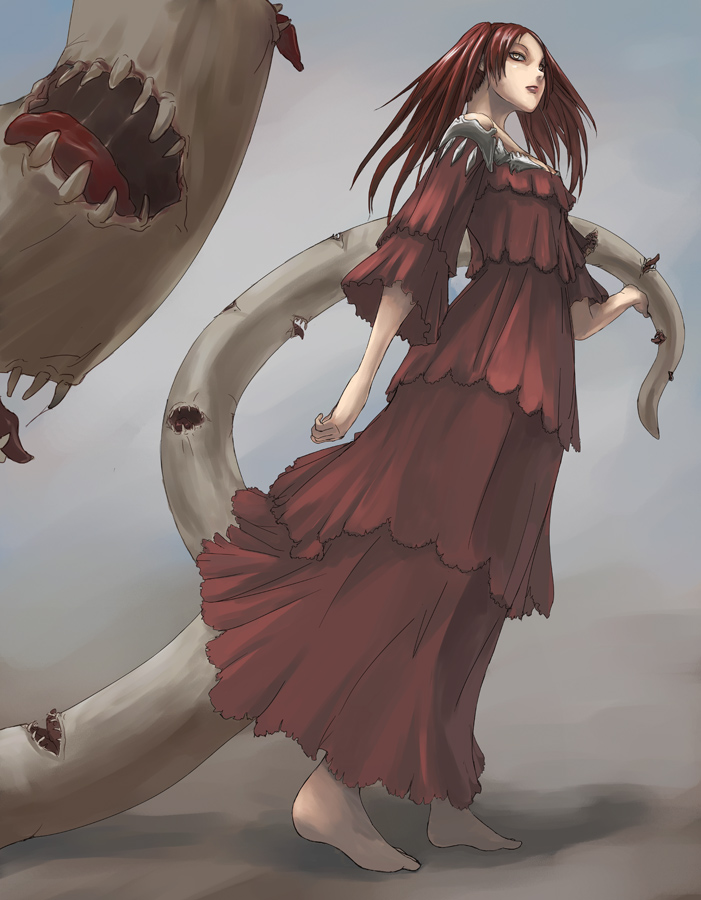 tea (nakenashi), luciela, claymore (series), 00s, 1girl, arm at side, bare shoulders, barefoot, dress, dripping, female focus, from below, full body, grey eyes, holding, layered dress, monster girl, multiple tails, off shoulder, parted lips, red dress, red hair, red lips, saliva, sharp teeth, solo, tail, teeth, tentacles, tongue, twintails, two tails, walking