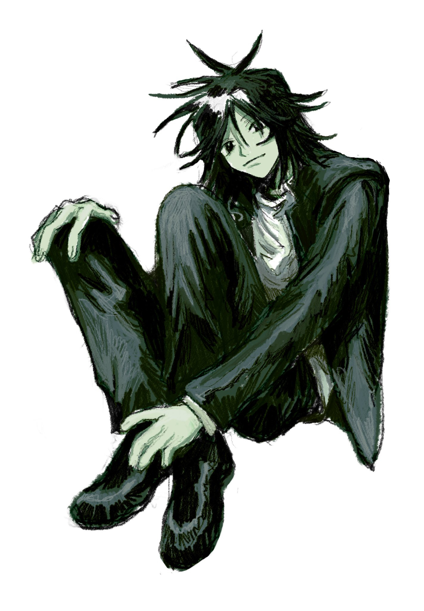 denpa shougai, tsukada satoru, randal's friends, commentary, highres, 1boy, black eyes, black hair, gakuran, hand on own knee, jacket, knees up, looking at viewer, male focus, open clothes, open jacket, school uniform, short hair, simple background, sitting, solo, white background