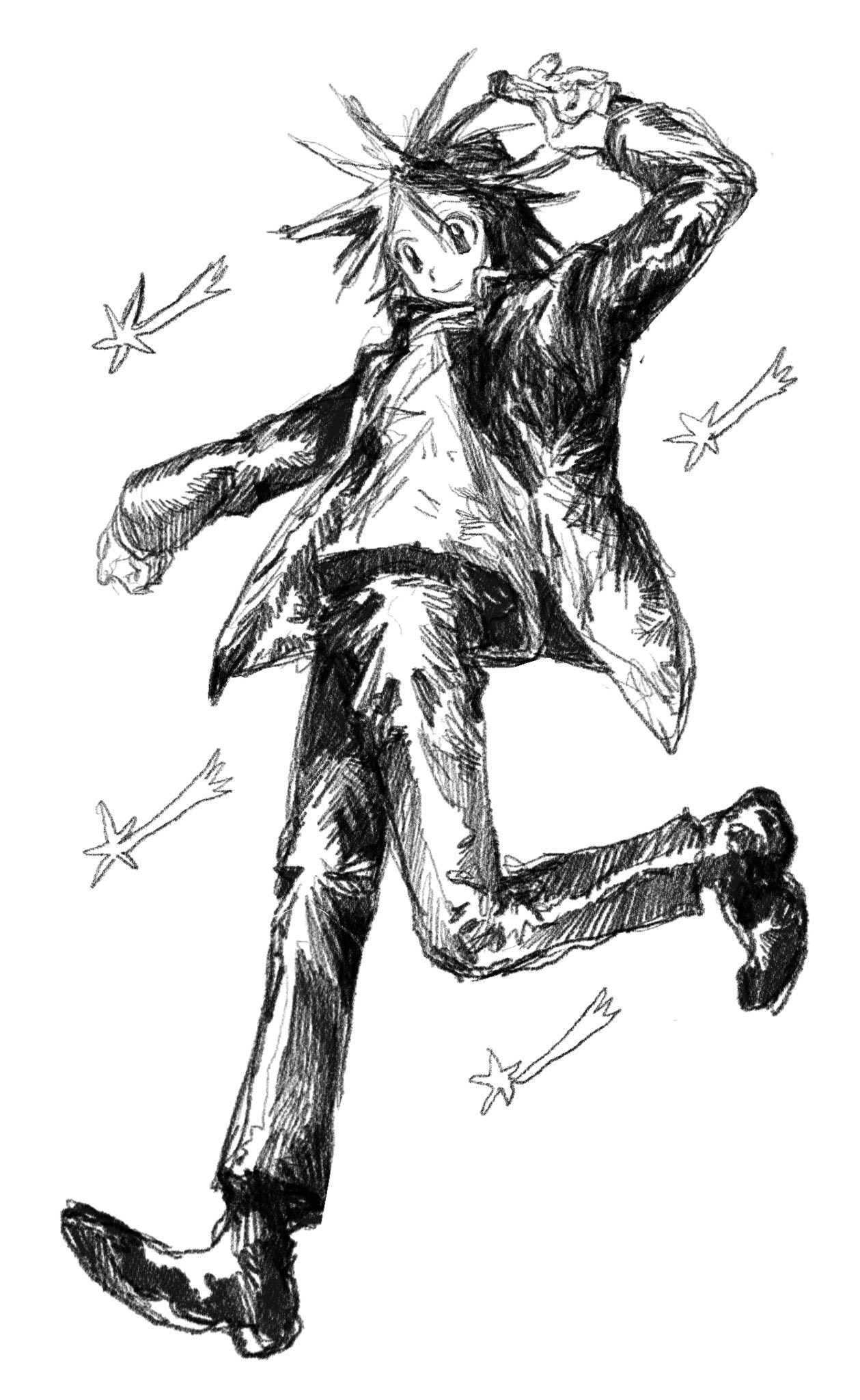 denpa shougai, tsukada satoru, randal's friends, commentary, highres, 1boy, boxcutter, full body, gakuran, greyscale, holding, holding boxcutter, jacket, male focus, monochrome, open clothes, open jacket, school uniform, shooting star, short hair, simple background, white background
