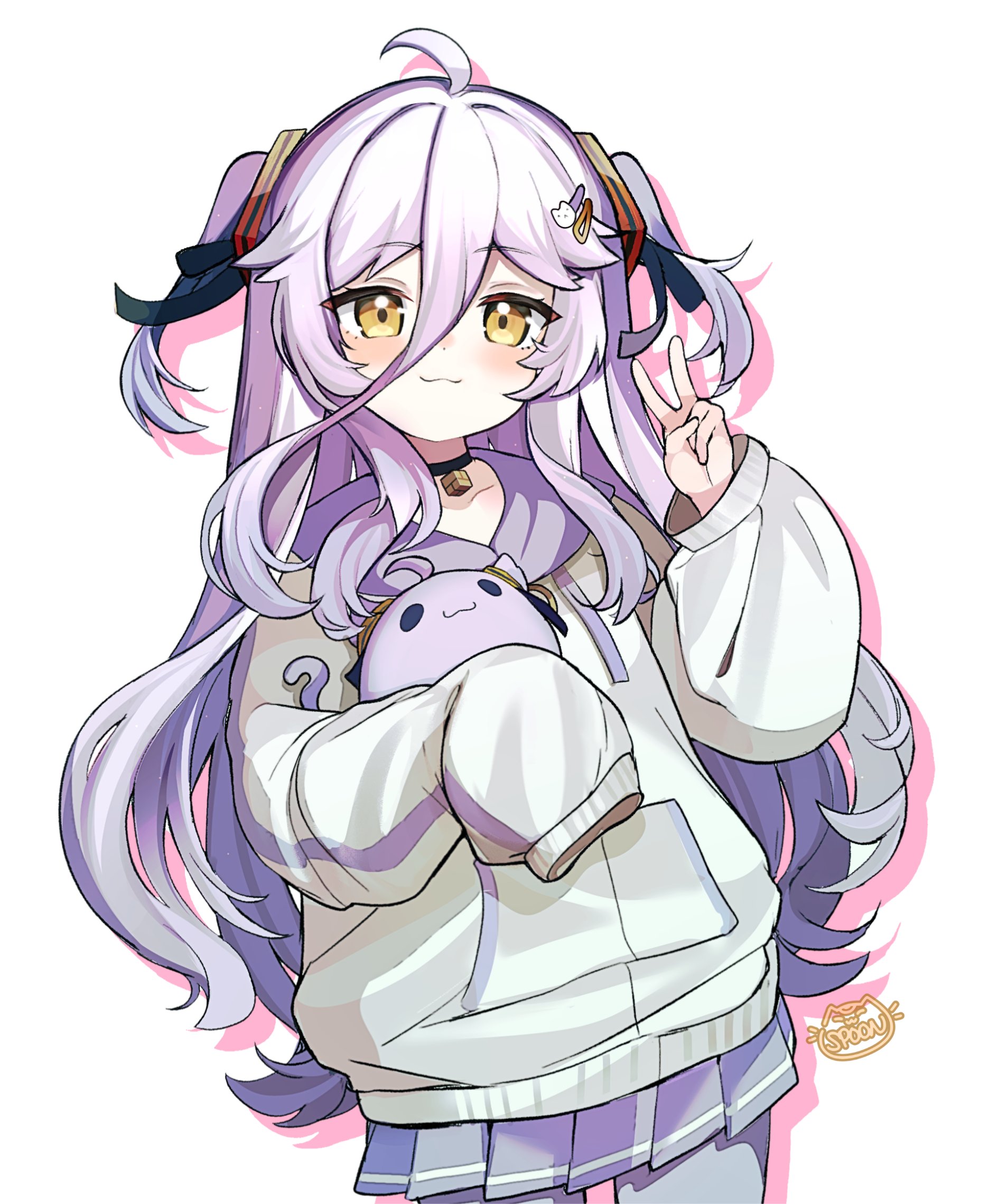 spoonillust, henya the genius, henya the genius (school uniform), indie virtual youtuber, highres, 1girl, black choker, blush, choker, grey hair, hair between eyes, hen squad (henya the genius), hood, hoodie, long bangs, long hair, looking at viewer, pantyhose, purple hair, purple skirt, sidelocks, skirt, sleeves past fingers, sleeves past wrists, smile, solo, two side up, very long hair, virtual youtuber, white hoodie, white pantyhose, yellow eyes